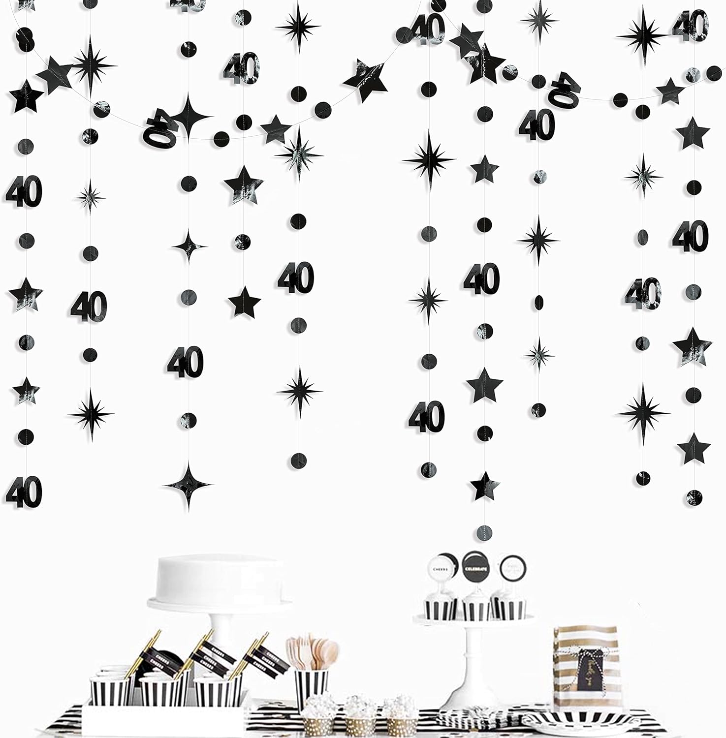 Black 40th Birthday Decorations Number 40 Circle Dot Twinkle Star Garland Metallic Hanging Streamer Bunting Banner Backdrop for Women Mens 40 Year Old Birthday Forty Anniversary Party Supplies - Image 5