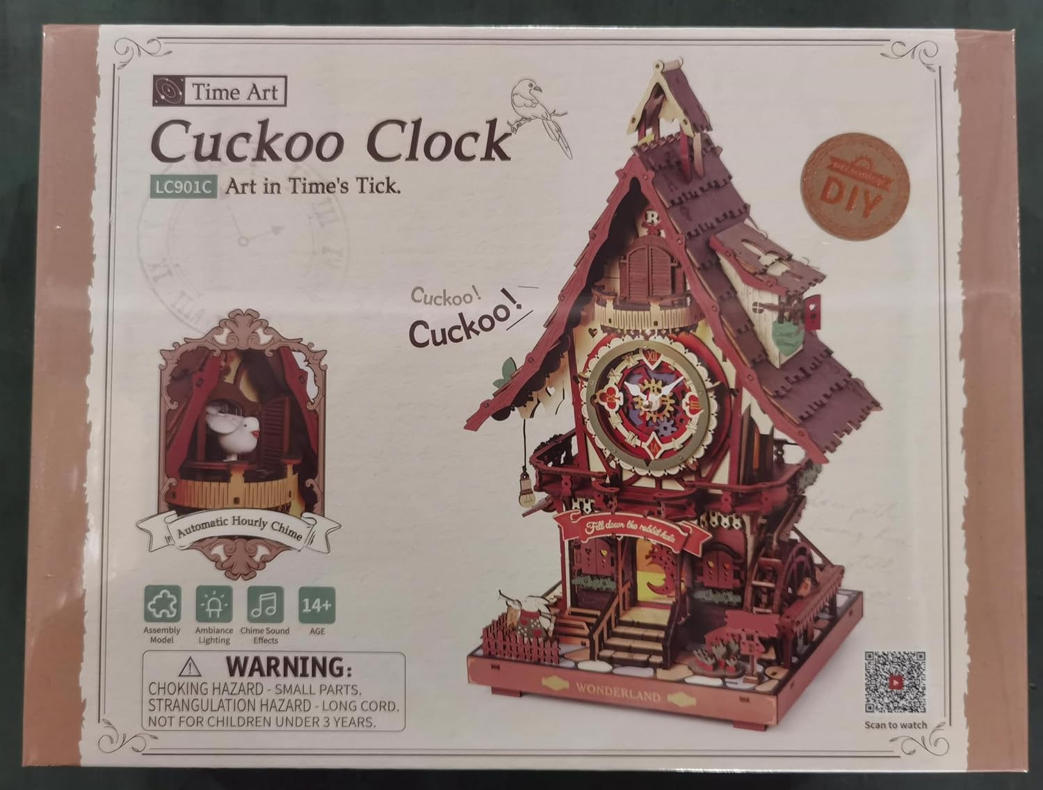 Back of the ROBOTIME Cuckoo Clock product box showing safety warnings and product details.
