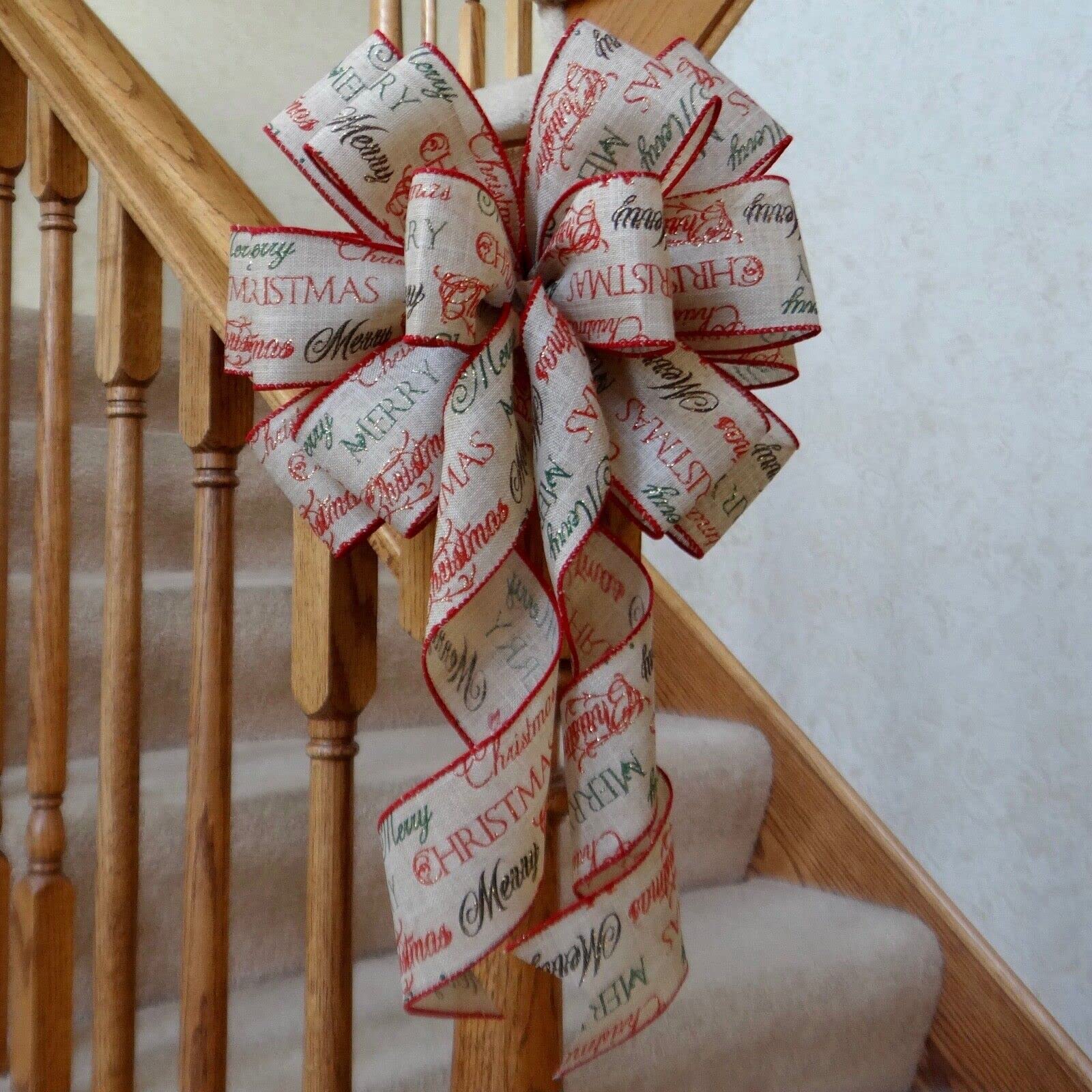 HIDOLI Christmas Bows for Wreaths, Handmade Mailbox Bows, Christmas Tree Topper Bows, 10" Wide Merry Christmas Burlap Type Bow for Decor Wreaths Lanterns Signs Gifts
