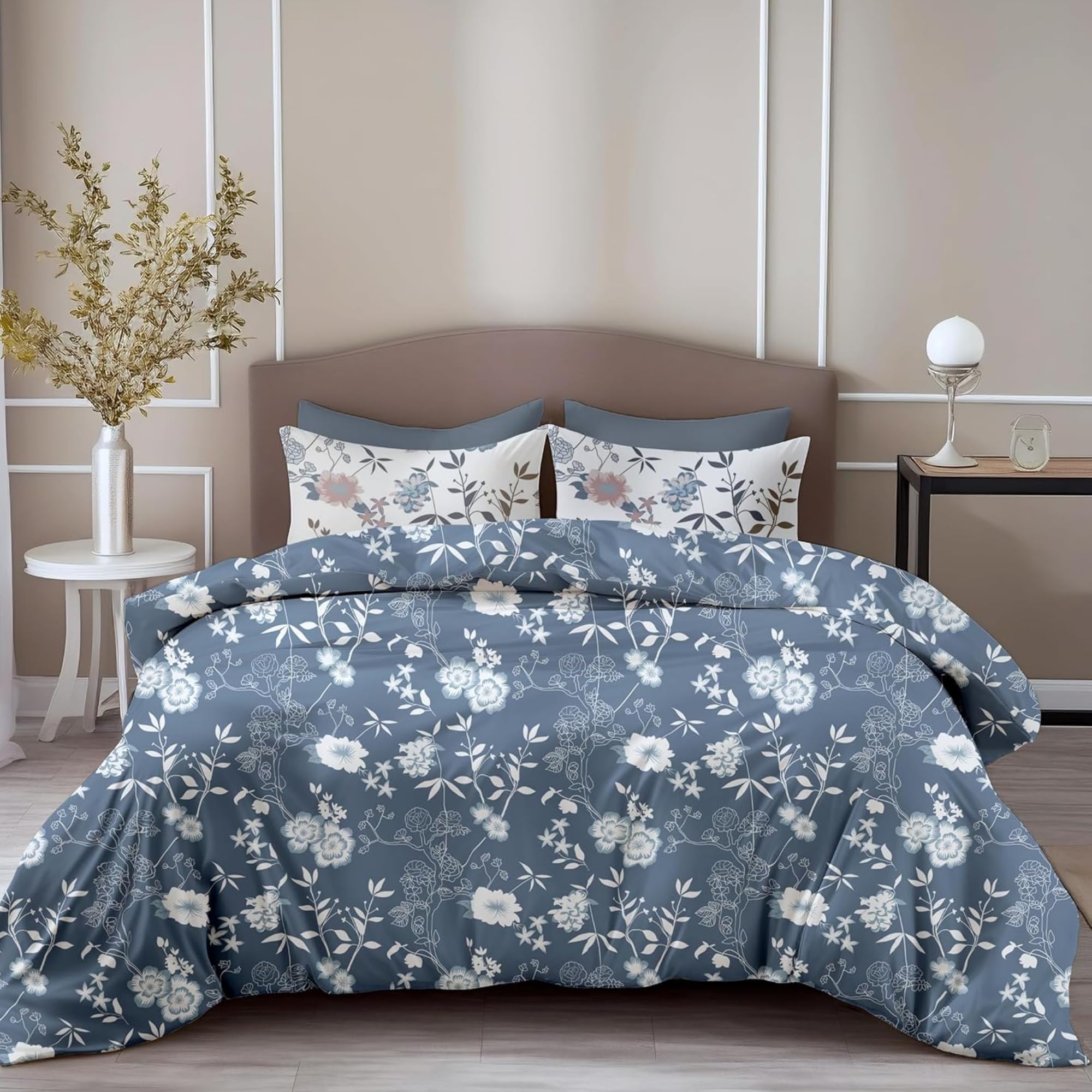 LORETO - A QUALITY LINEN BRAND 100% Pure Cotton Bedsheet for Double Bed, 144TC Soft & Breathable Double Bed Bedsheet with 2 Pillow Covers (Blush Blue Floral Vines, 88 x 90 Inches)