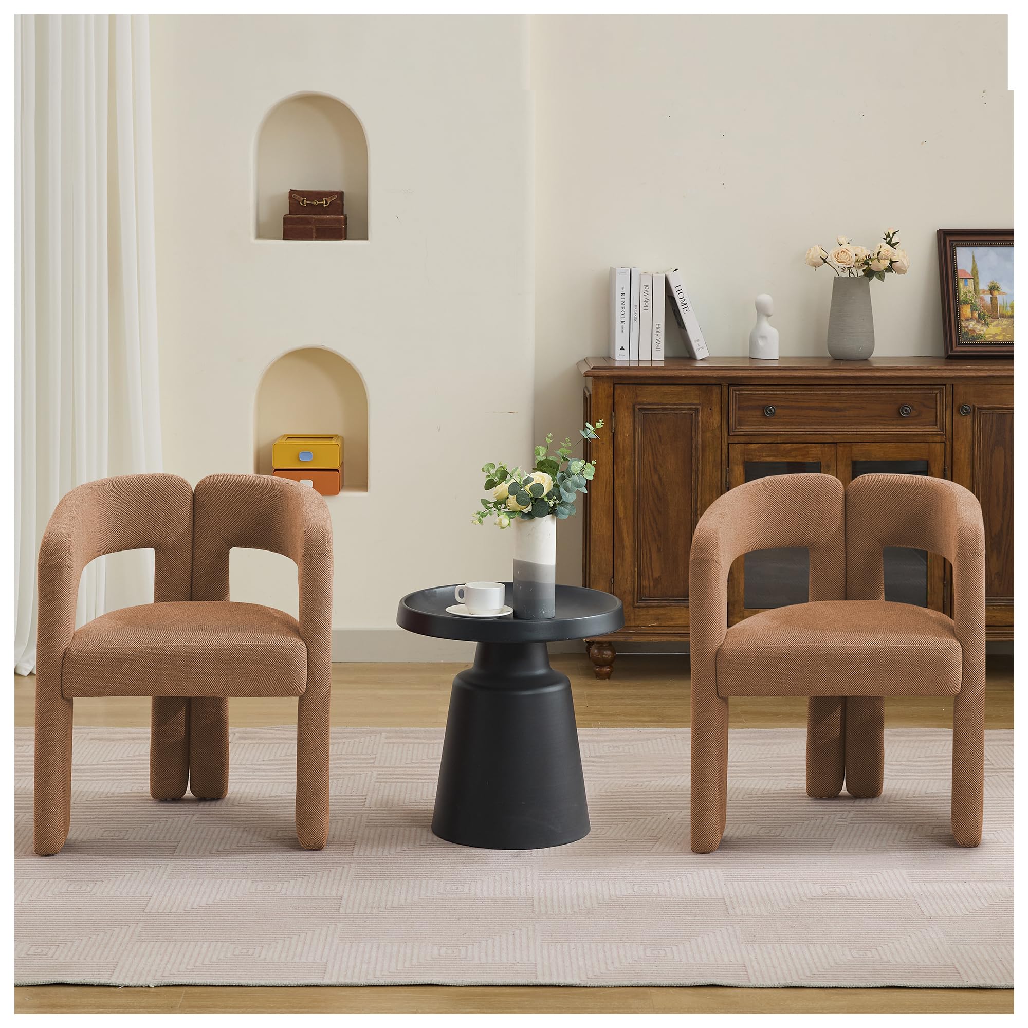 adochr Modern Barrel Dining Chairs Set of 2, Upholstered Linen Dining Room Chair with Wooden Legs, Accent Chairs with Arms, Comfy Side Armchairs for