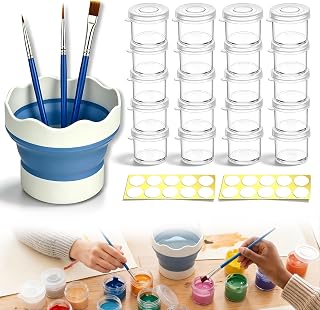 20 Pack Empty Paint Pots with Lids, Paint Containers with Lids Set with Brushes, Collapsible Paint Brush Cup & Labels for School Paintings Art Festivals Classroom Painting, Crafts and DIY Projects