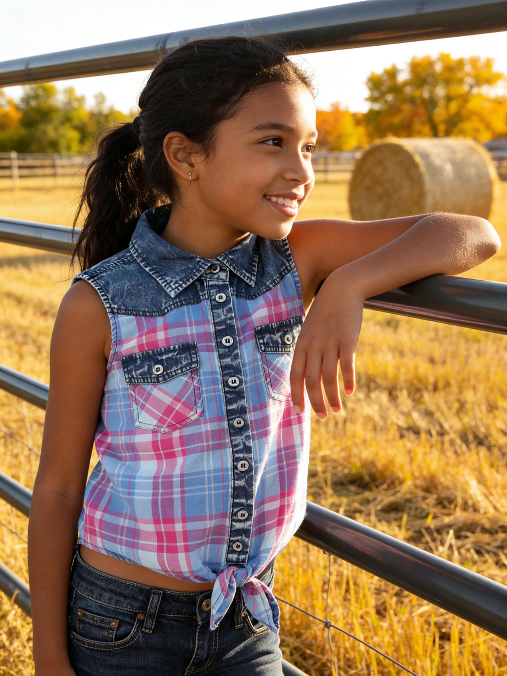 Bienzoe Ragazza Plaid Denim Senza Maniche Casual Camicetta