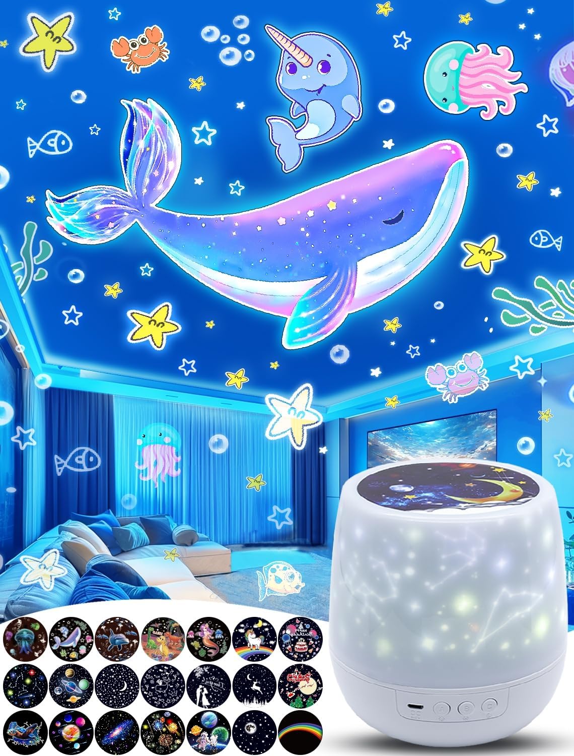 21 Sets of Films + Projector Night Light for Kids, Baby Night Lights for Bedroom, Ceiling, Kids Star Projector with 360° Rotation Dimmable for Baby Girls Boys, Birthday, Christmas, Nursery, Room Decor