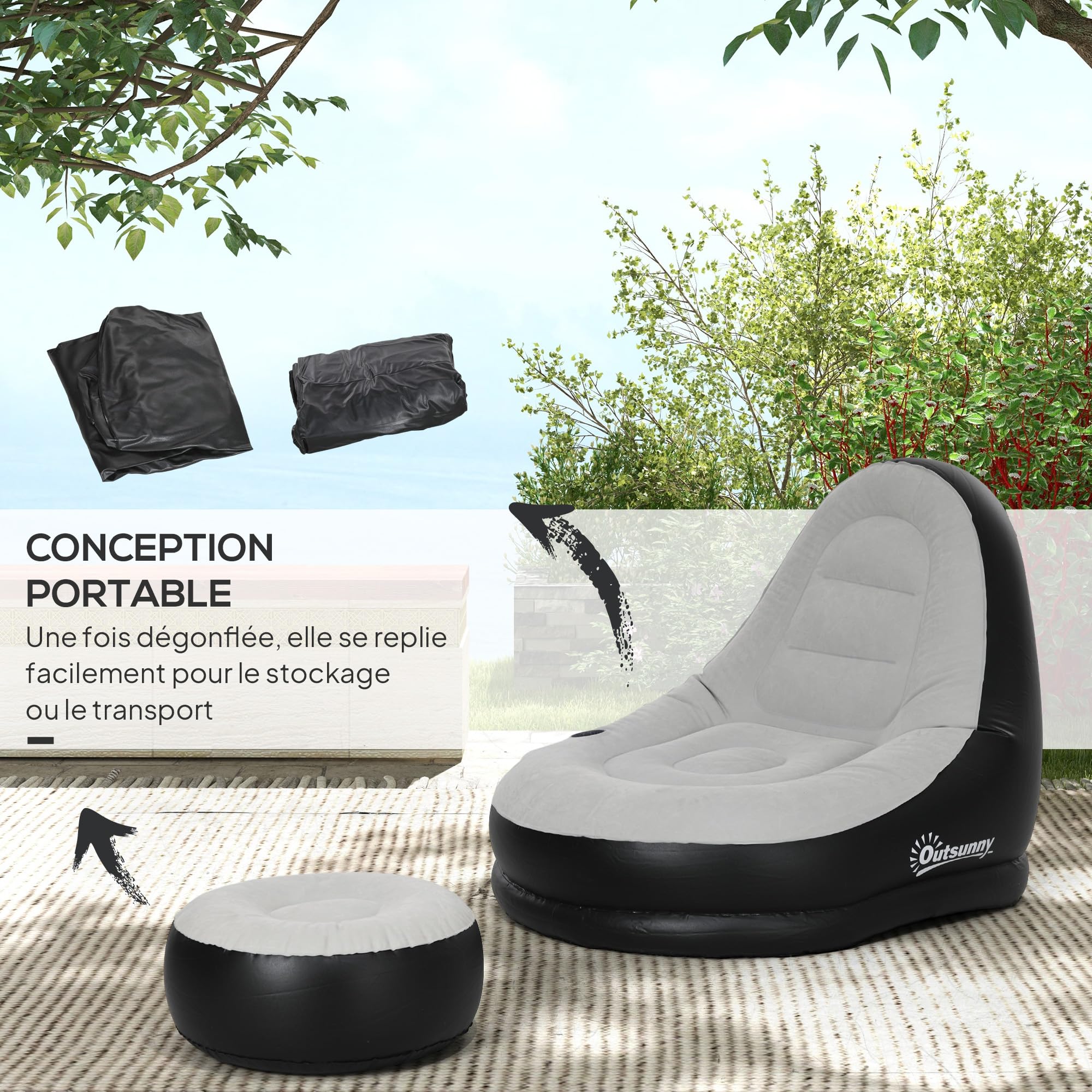 Outsunny Canapé Gonflable et Repose-Pieds, Tissu Doux, Gris | Fauteuil Gonflable Extérieur et Pouf, Aspect Peluche, Porte-Gobelet, pour Camping, Jeux, Lecture, Visionnage de Films
