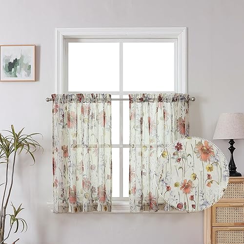 Miniatura 10 de OWENIE - Juego de 2 paneles de cortinas traslúcidas extralargas con estampado floral, para sala de estar, dormitorio, con jareta para cortinero