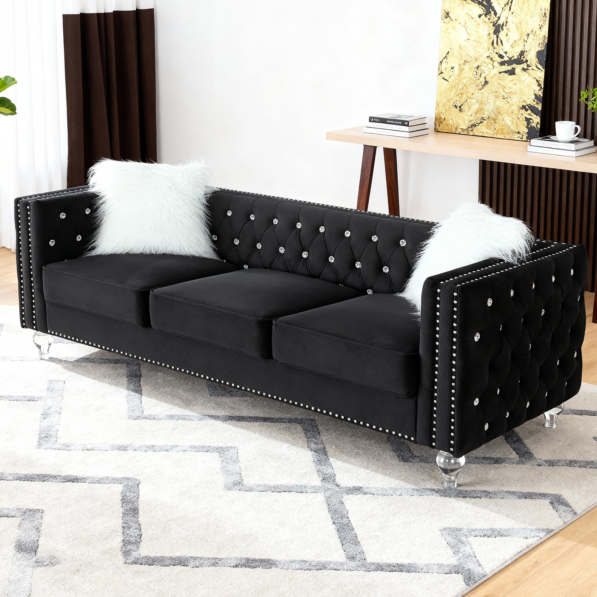 Gleariae Luxury 3 Seater Sofa Couch with Acrylic Crystal Legs,Chesterfield 3-Seater Sofas,Modern 83" Diamond Button Tufted 3 Seat Couches with Silver