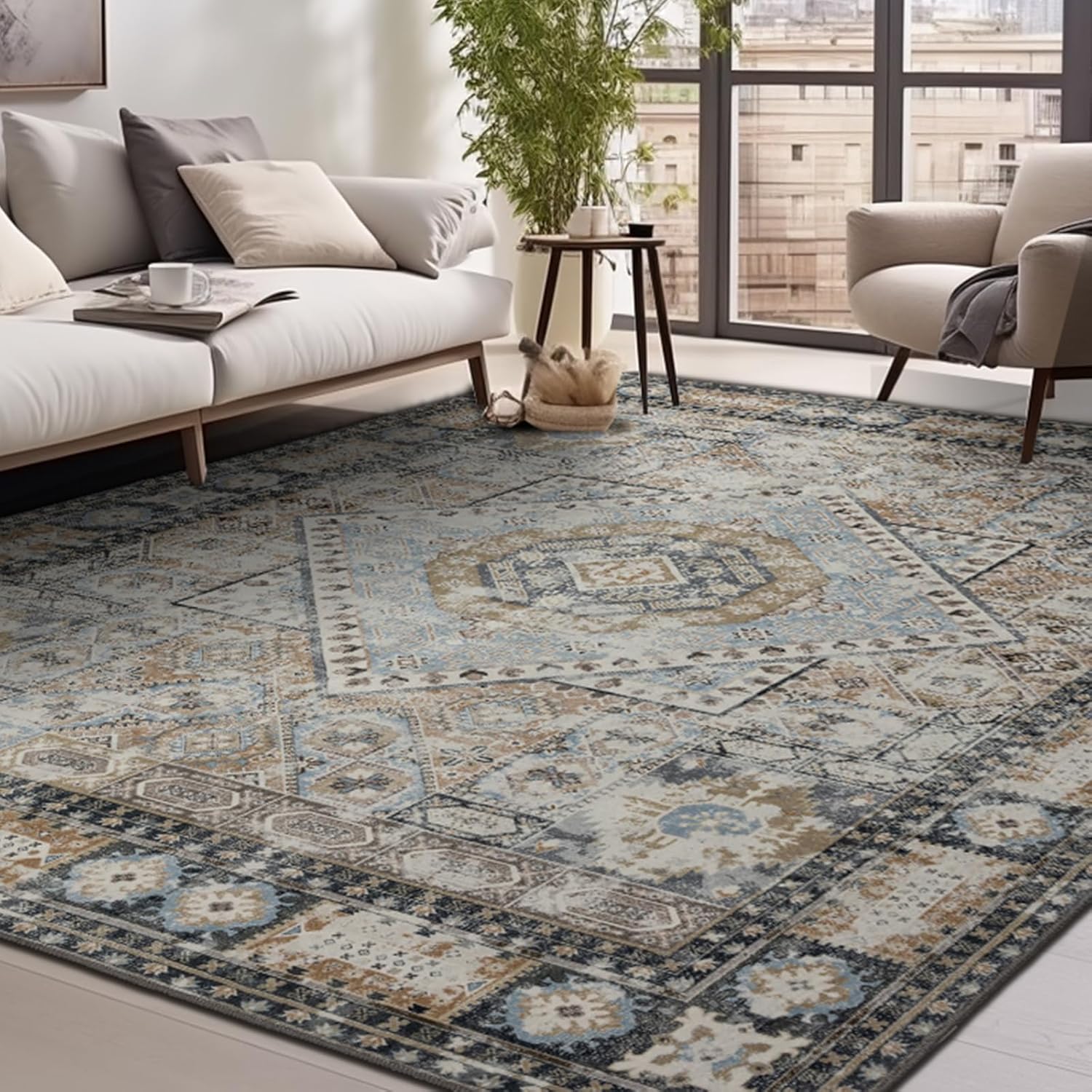 Area Rug for Living Room: 8x10 Washable Vintage Rug for Bedroom Dinning Room Floor - Soft Indoor Low-Pile Thin Carpet Non-Slip - Beige/Multi Beige/Multi 8' x 10' (Rectangular)