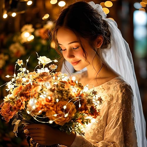 Miniatura 4 de Etinga Paquete de 6 guirnaldas de luces a pilas, 10 LED en alambre de cobre plateado de 3.3 pies, alto brillo para decoración de bodas, flores de