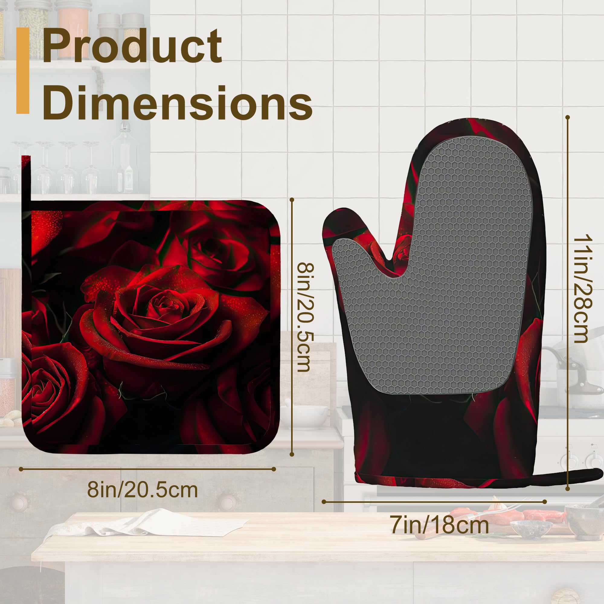 Red Rose Ofenhandschuhe und Topflappen, 4er-Set, Küchenhandschuhe, hitzebeständige Ofenhandschuhe mit rutschfestem Silikon zum Backen, Kochen, Grillen