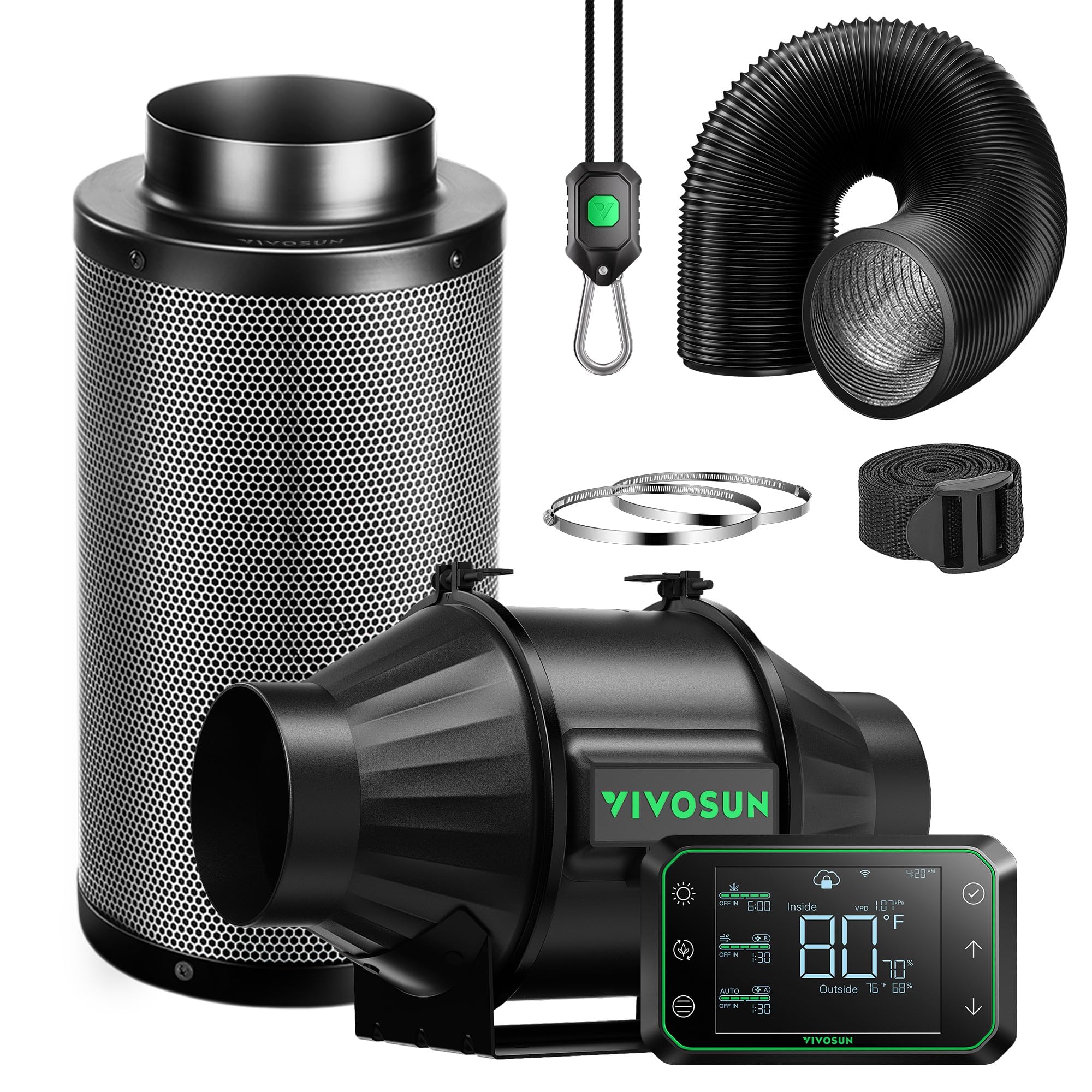 VIVOSUN Smart Air Filter PRO T4 Kit 4 Inch, AeroZesh T4 Inline Duct Fan, GrowHub E42A Temperature Humidity WiFi Controller, Carbon Filter & Duct, Cooling & Ventilation System for Glow Tent