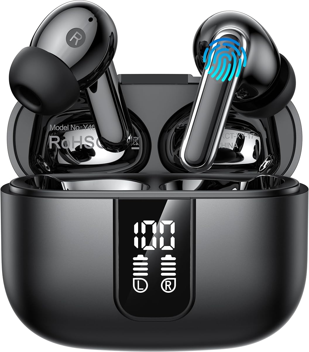 Wireless Earbuds, Bluetooth 5.3 Headphones in Ear buds, HiFi Stereo Wireless Earphones with 4 ENC Noise Cancelling Mics, 61H Wireless Headphones with IP18 Waterproof, LED Display USB C, Black