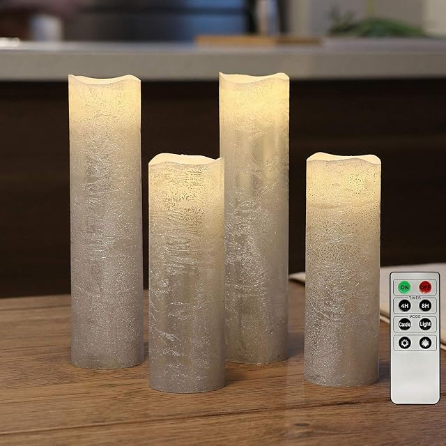 Rhytsing Set of 4 Silver Battery Operated Led Candles, Slim Flameless Candles with Timer, Textured Wax Finish, D5cm, Batteries