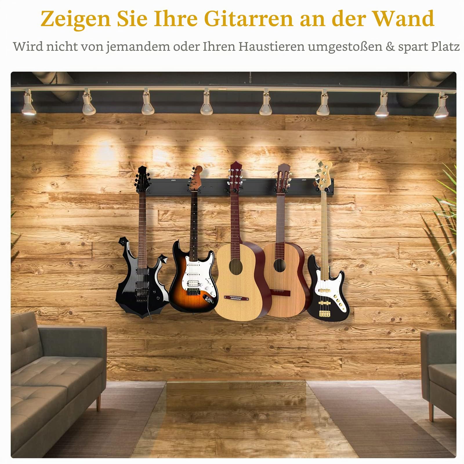 LEKATO Wandhalterung Gitarrenaufhänger Basshalter E-Gitarrenständer zum Halten von 5 Gutiars&Bass Aluminium-Lamellen-Wandschienensystem Metall-Gitarren-Rack-Nähdesign