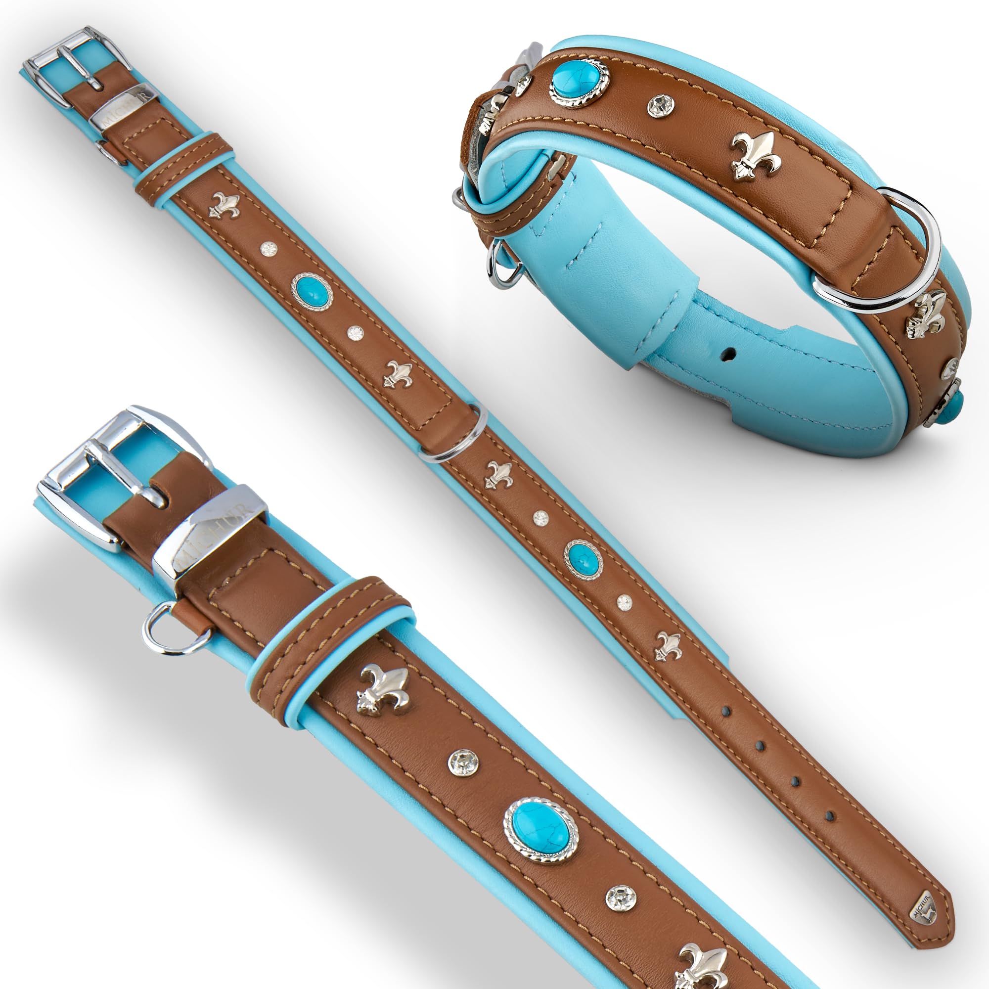 MICHUR Nizza Lagune Hundehalsband Leder, Lederhalsband Hund, Halsband, Braun Blau, Leder, mit Lilien,Strasssteinen und großem Kristall, in verschiedenen Größen erhältlich
