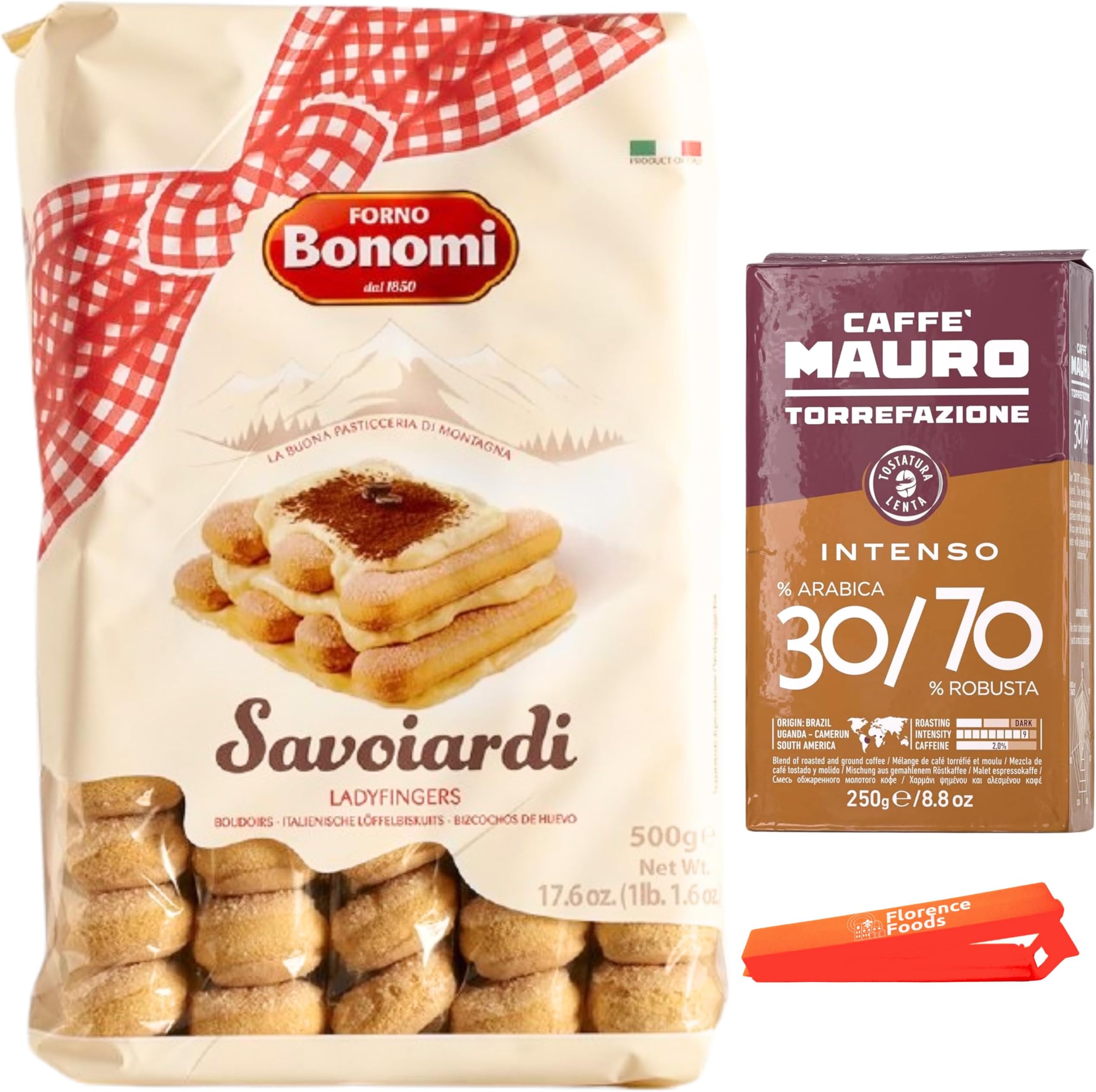Forno Bonomi Savoiardi Ladyfingers Tiramisu Dessert Kit - 17.6 oz (500g) Lady Fingers Biscuits, 8.8 oz (250g) Classico Ground Espresso Coffee, 1 Bag Clip
