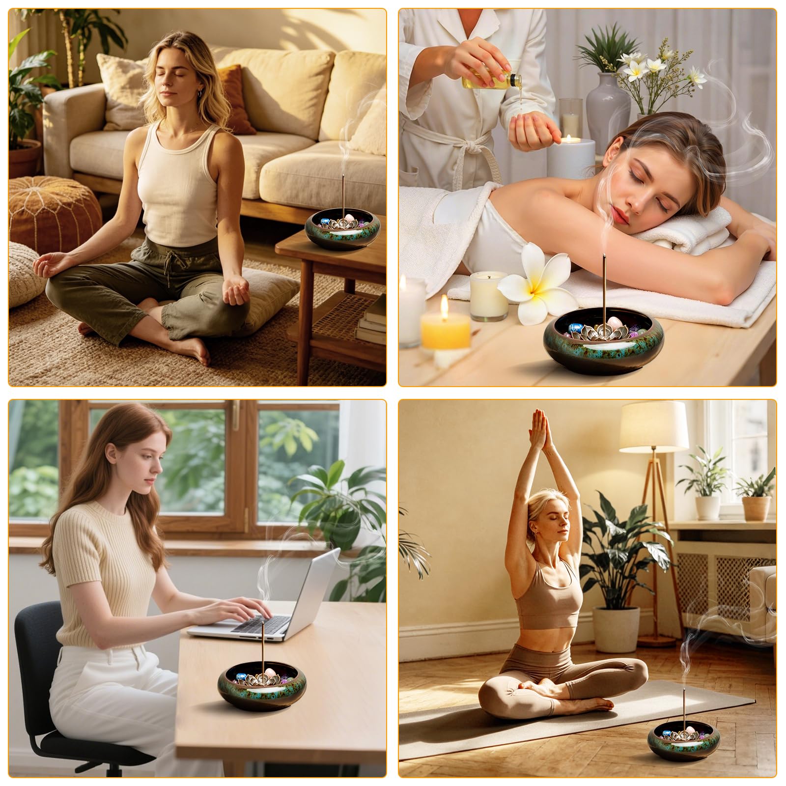Lermende Bruciatore Incenso in Ceramica: Porta incenso con design loto rimovibile con Bruciatore per Incenso con Pietre dei Chakra e Coperchio in Metallo, Bruciatore per Incenso per La Meditazione.