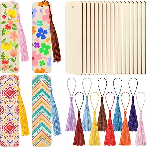 Ira Pollitt 50 marcapáginas de madera sin terminar con 50 borlas coloridas, kit de fabricación de marcadores para manualidades, pintura, boda,
