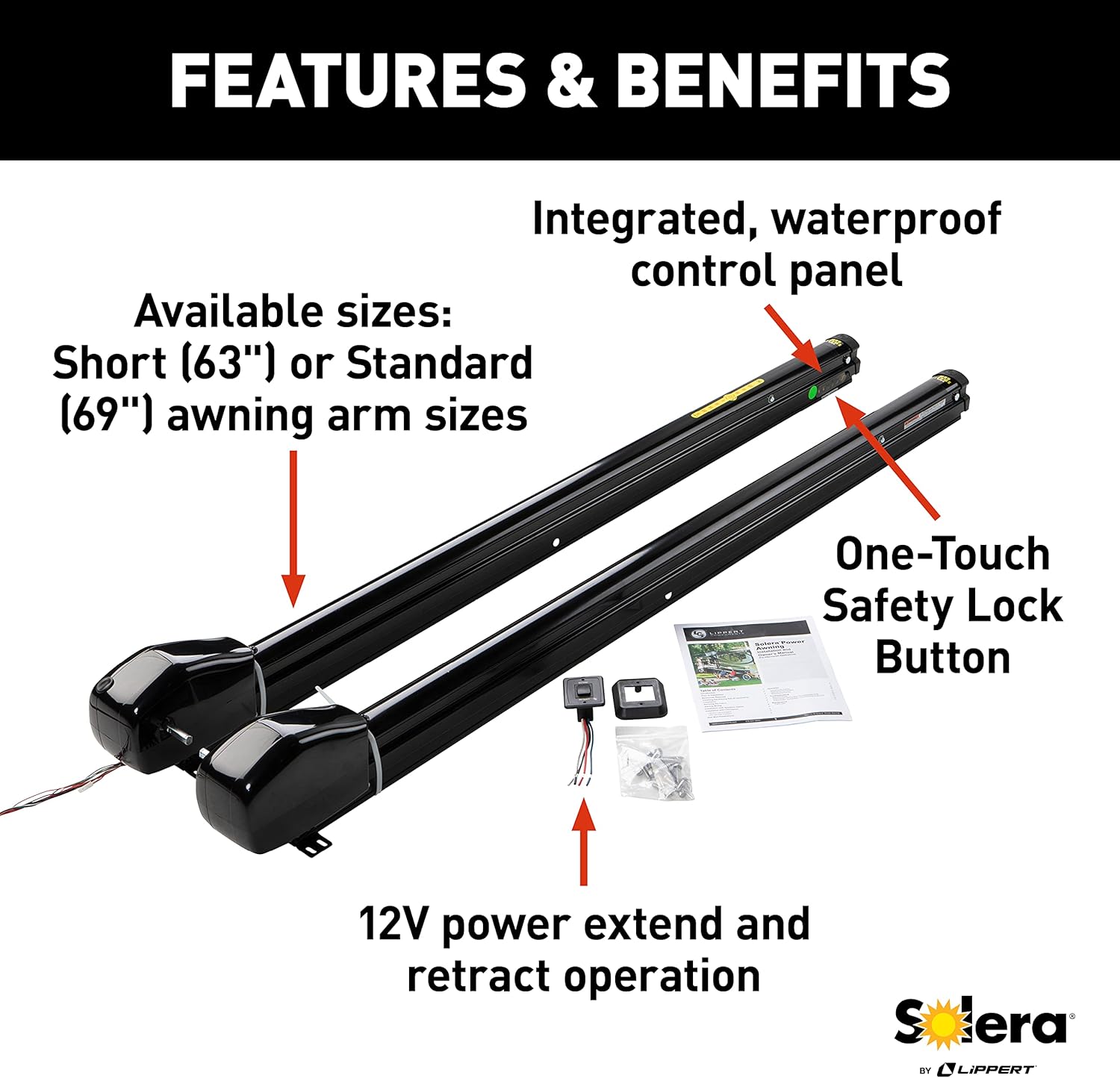 Solera 12V Smart Arm 69" Awning Hardware Kit for 5th Wheels, RVs, Travel Trailers, Power Extend and Retract, Safety Lock Button, Weatherproof - 759517