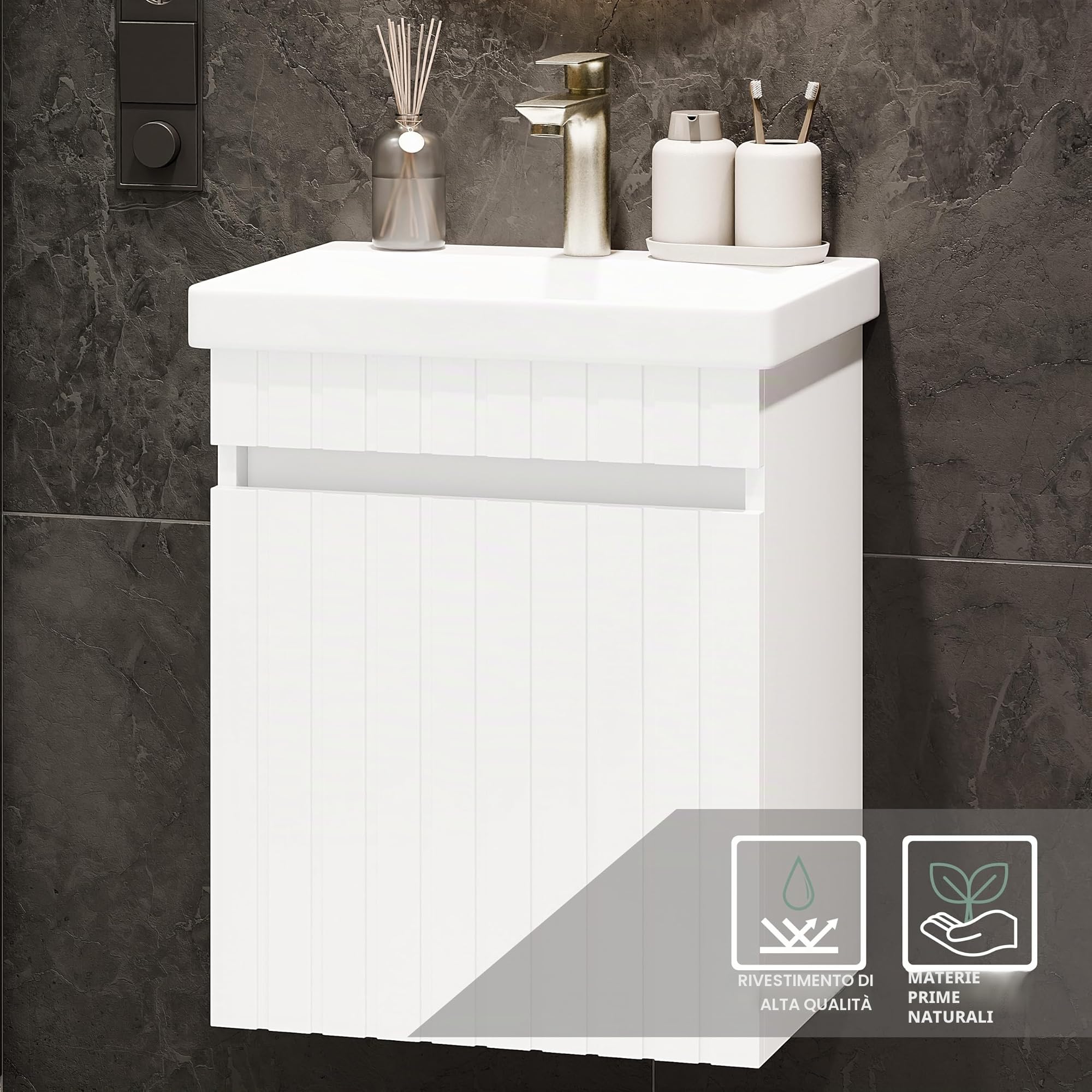 Planetmöbel Cosmia - Set di mobili da bagno con mobiletto da 50 x 60 x 35 cm, colore: bianco, specchio da bagno con illuminazione da 50 cm, lavabo con porta