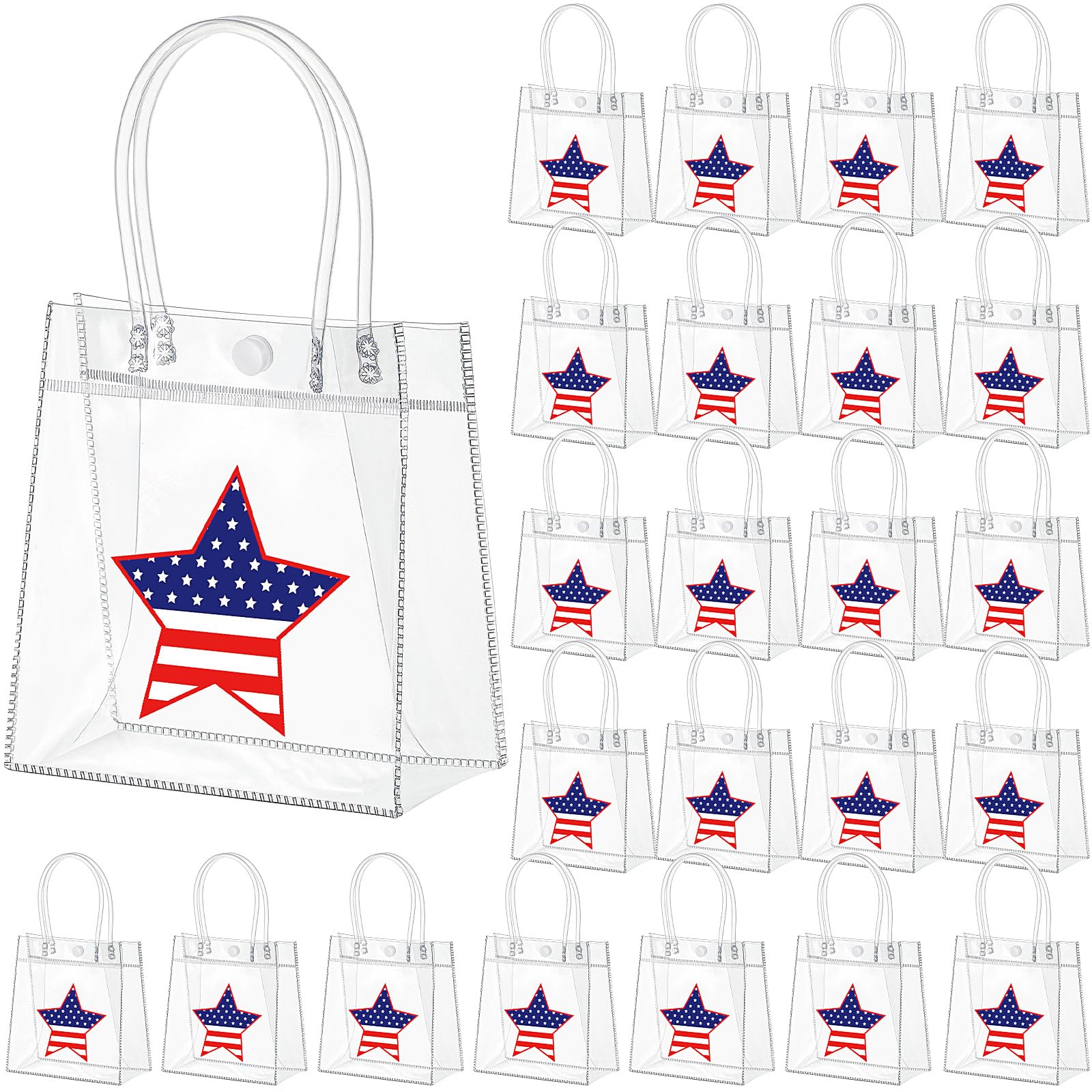 Photo 1 of ***PARTIAL SET/ MISSING PIECES*** Kolldenn Clear PVC Gift Bags with Handle, Transparent Tote, Reusable Treat Bags for Wedding Birthday Shopping Party Supplies(Blue, White, Red,6.31"x 5.91"x 3.15",American Star)