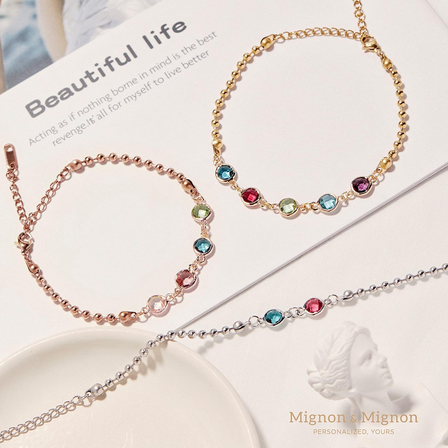MignonandMignon Custom Birthstone Bracelet for Women, Personalized Beaded Chain Jewelry, Birthday, Gift for Friends, Adjustable Bracelet with Birth Month Stones – B-BR-2HBS - Image 2