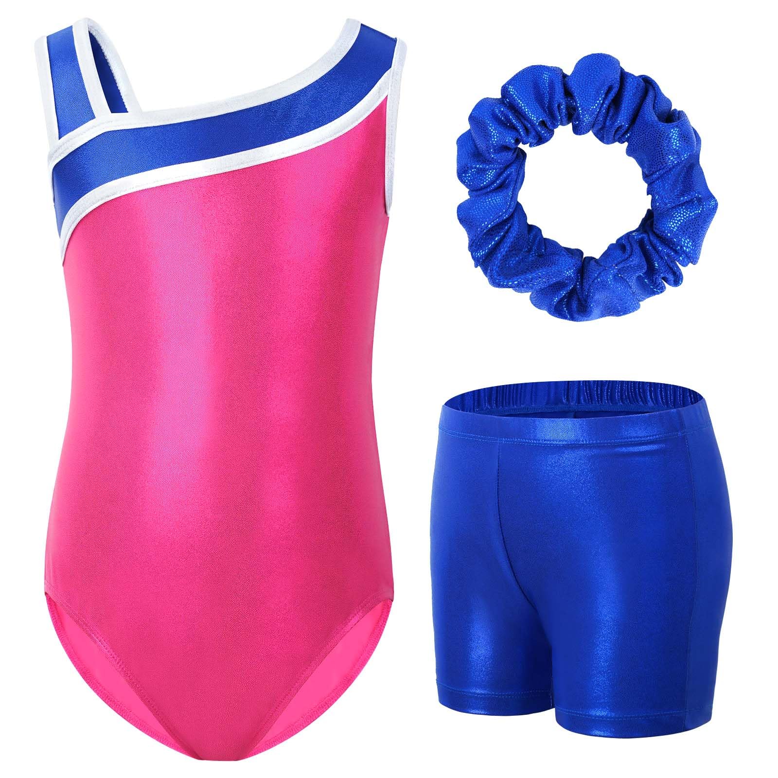 Gogokids Conjunto de gimnasia de tres piezas para niña, cuello en Y, sin mangas, con pantalones cortos y diadema, traje de gimnasia con diseño de bloques de color azul y morado, 3-12 años — view 38