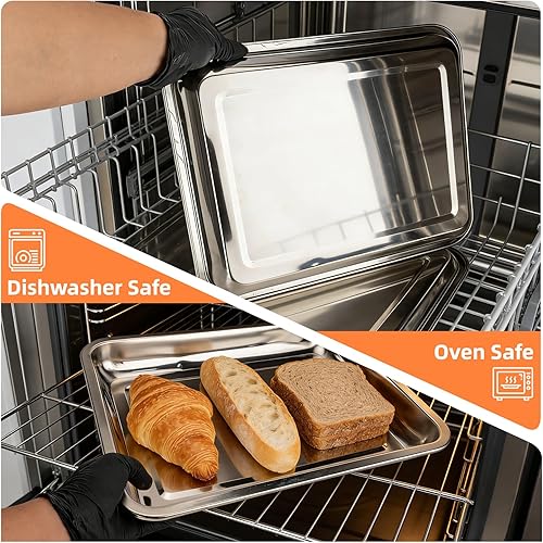 Miniatura 5 de Juego de 2 bandejas para hornear, bandejas grandes de acero inoxidable de 15 x 11.8 x 1 pulgadas, bandejas grandes y gruesas para hornear, fáciles