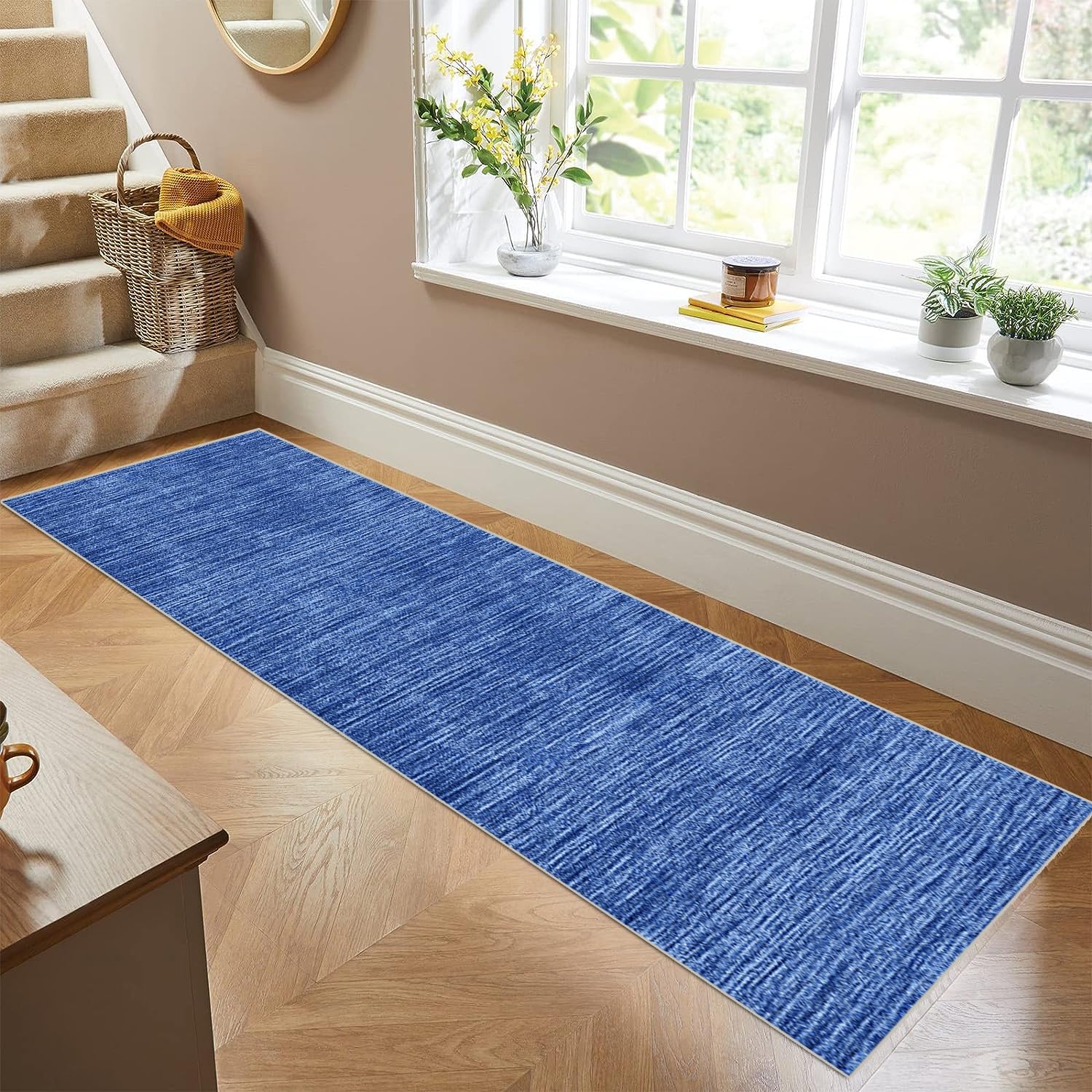 Siunwdiy Blue Runner Rugs for Hallway 140x260cm Washable Kitchen Runner Carpet Runner,Non-slip Low Pile Thin Modern Monochrome Area Rugs for Laundry Kitchen Hallway Bedroom Living room — image 1