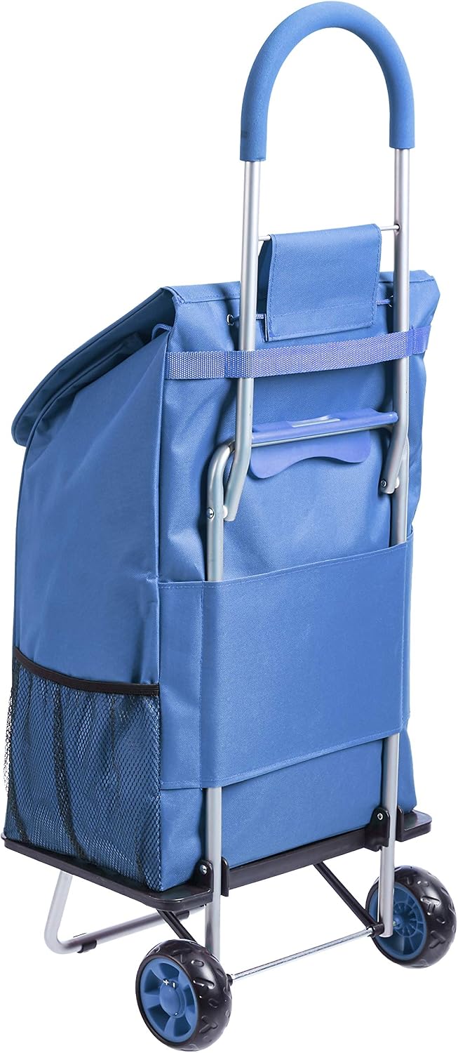 Amazon Basics Folding Shopping Cart Converts into Dolly, 40 inch Handle Height, Blue