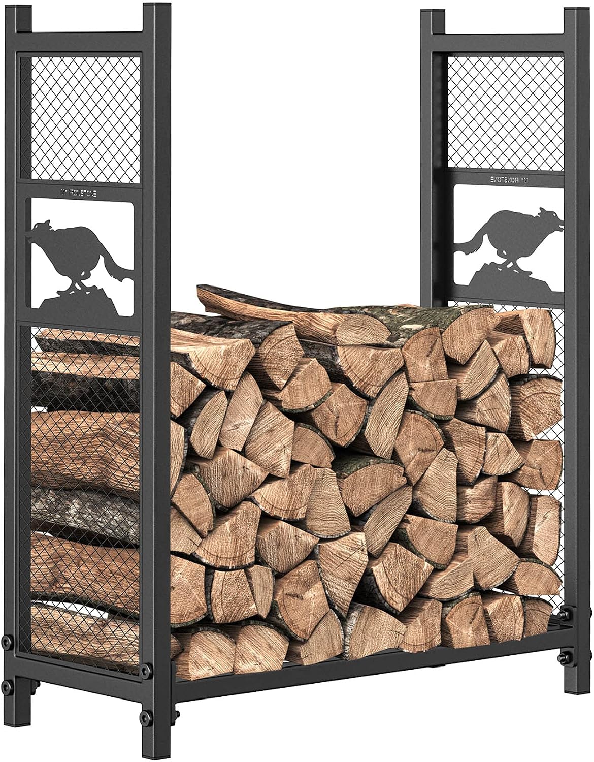 Mr IRONSTONE 3 ft Firewood Rack, Outdoor Wood Rack for Firewood Storage Racks, with Carving Wolf Pattern and Iron Grid for Hold Logs of Various Sizes, Heavy Duty Log Storage Bin Indoor for Fireplace