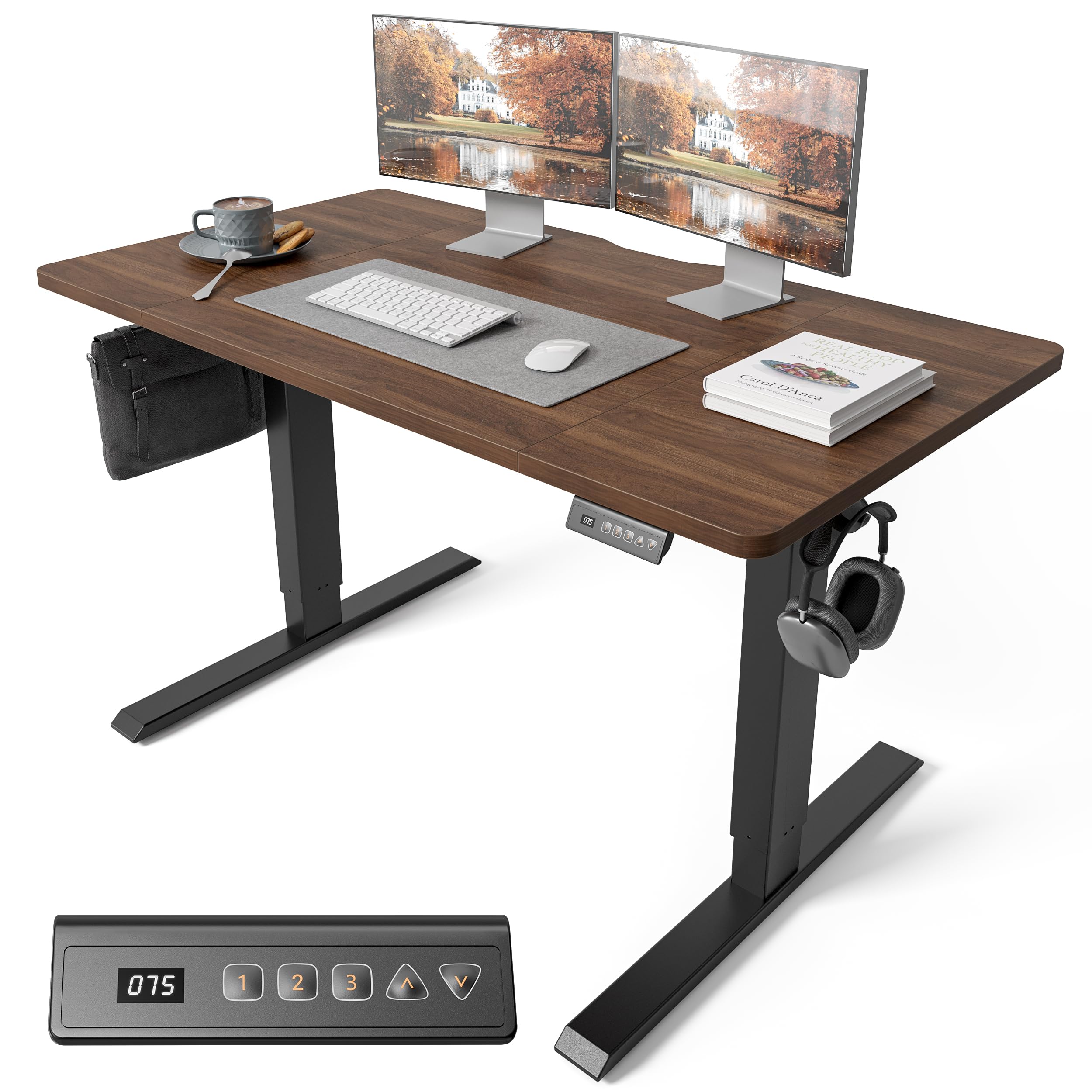 FEZIBO Electric Height Adjustable Standing Desk with digital display control panel, 60x120cm Ergonomic Home Office Table for Sit-Stand with Pieces Splice Board & Black Walnut Wood Grain Surface — image 1