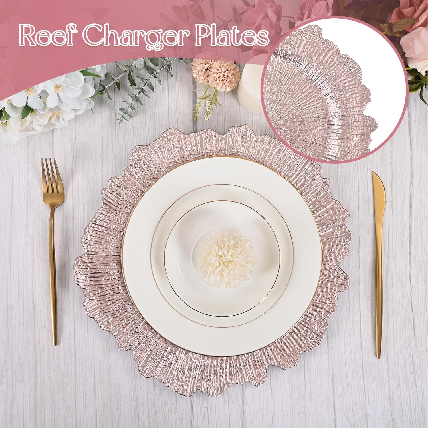 fani 100 Pcs Rose Gold Charger Plates Bulk, 13 Inch Reef Wedding Chargers for Dinner Plate, Round Plastic Reusable Ruffled Rim Decorative for Table Setting, Parties, Wedding, Events