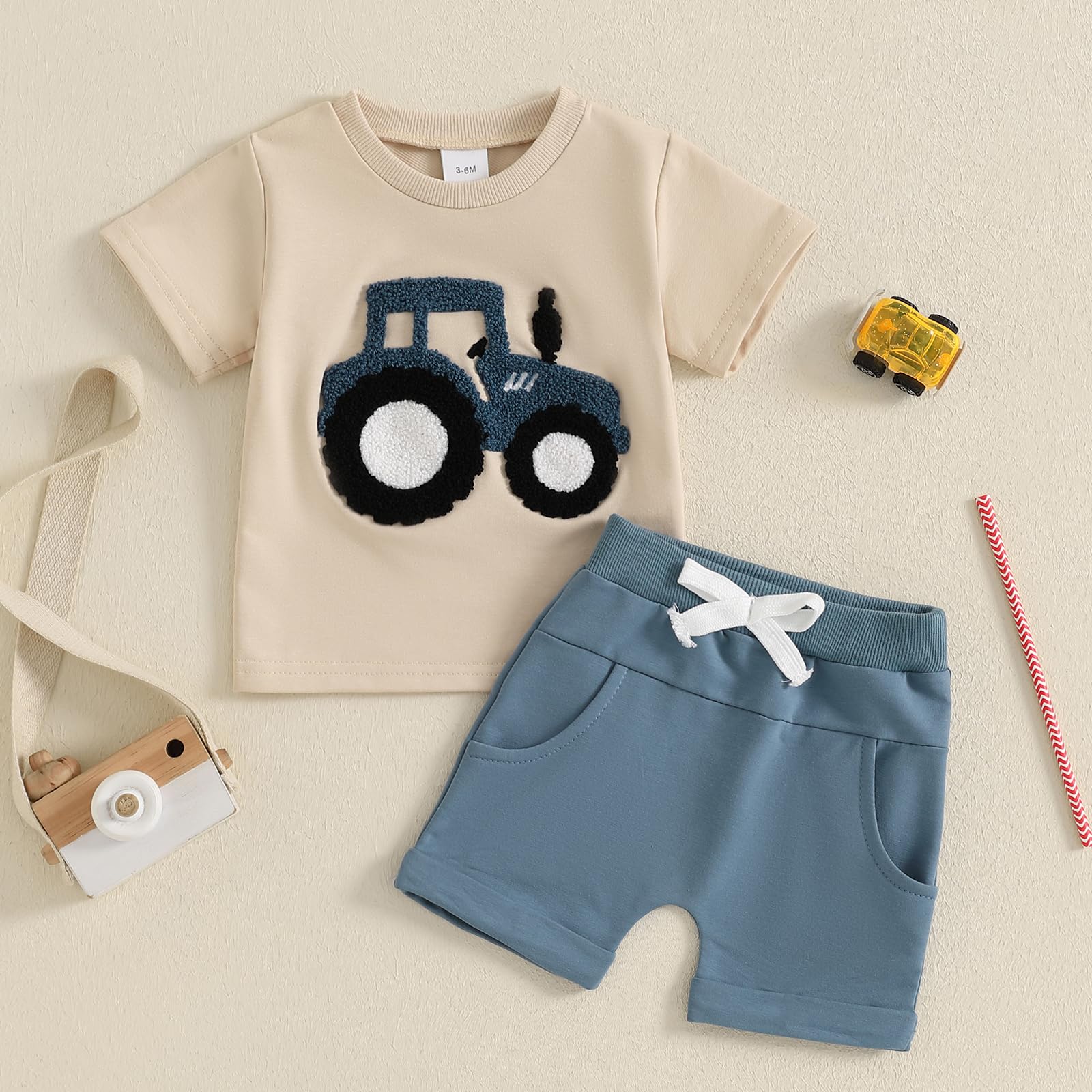Baby Jungen Sommer Outfit Kurzarm Rundhalsausschnitt Auto/Brief/Fahrzeug Stickerei T-Shirt+Elastische Taille Kurze Hose Baby Jungen Sommer Bekleidungsset Weiche Babyset