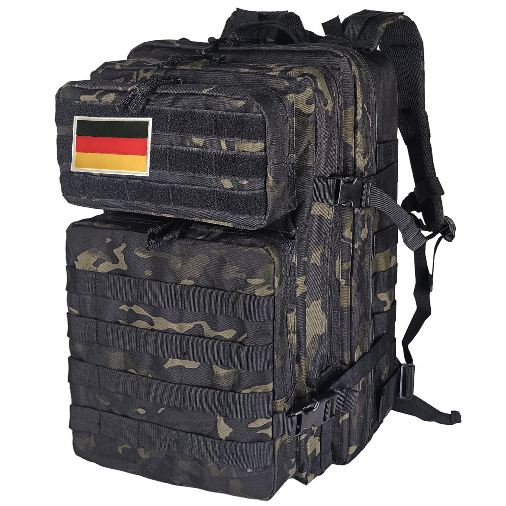 Militär Rucksack Herren,45L Groß Rucksack Wasserdicht Outdoor Assault Survival Wanderrucksack Herren, Taktischer Backpack Geeignet für Jagd,Camping und Andere Outdoor-Aktivitäten (Schwarztarnung)