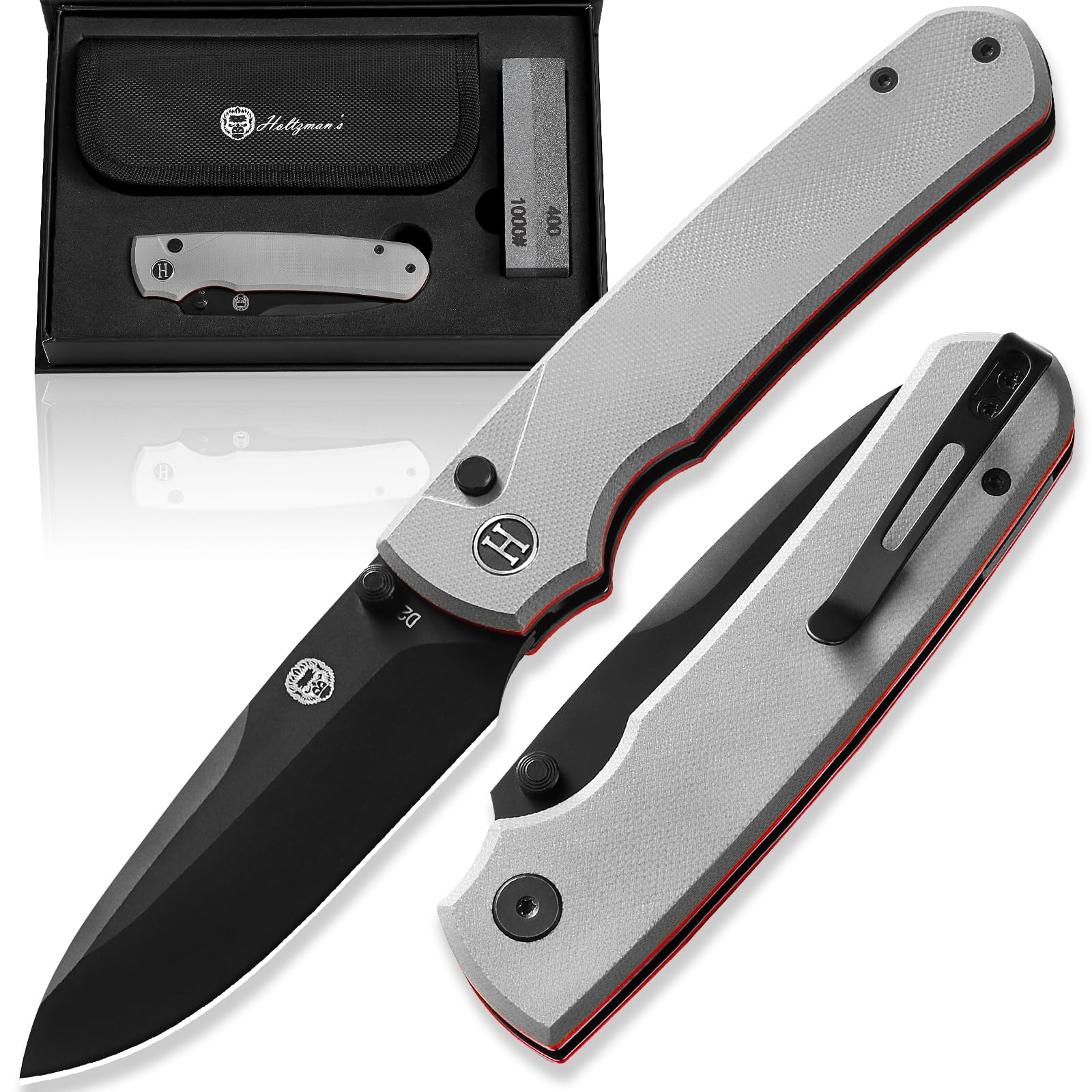 Holtzman's Gorilla Survival 'Loyalist' Folding Survival Pocket Knife Gift Set with Sharpening Stone and Carrying Case (Black+Red)
