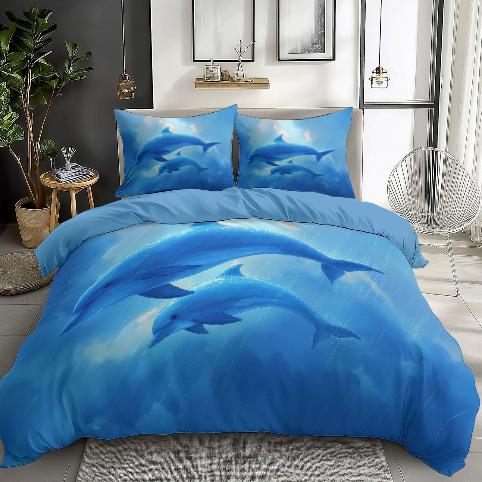 Générique Animacja Delfiny i niemowlęta Delfiny 3D Drukowana poszwa na kołdrę Zestaw pościeli 2-osobowej 220 x 240 cm, niebieski zestaw pościeli z mikrofibry z poszewkami na kołdry Poszewki na