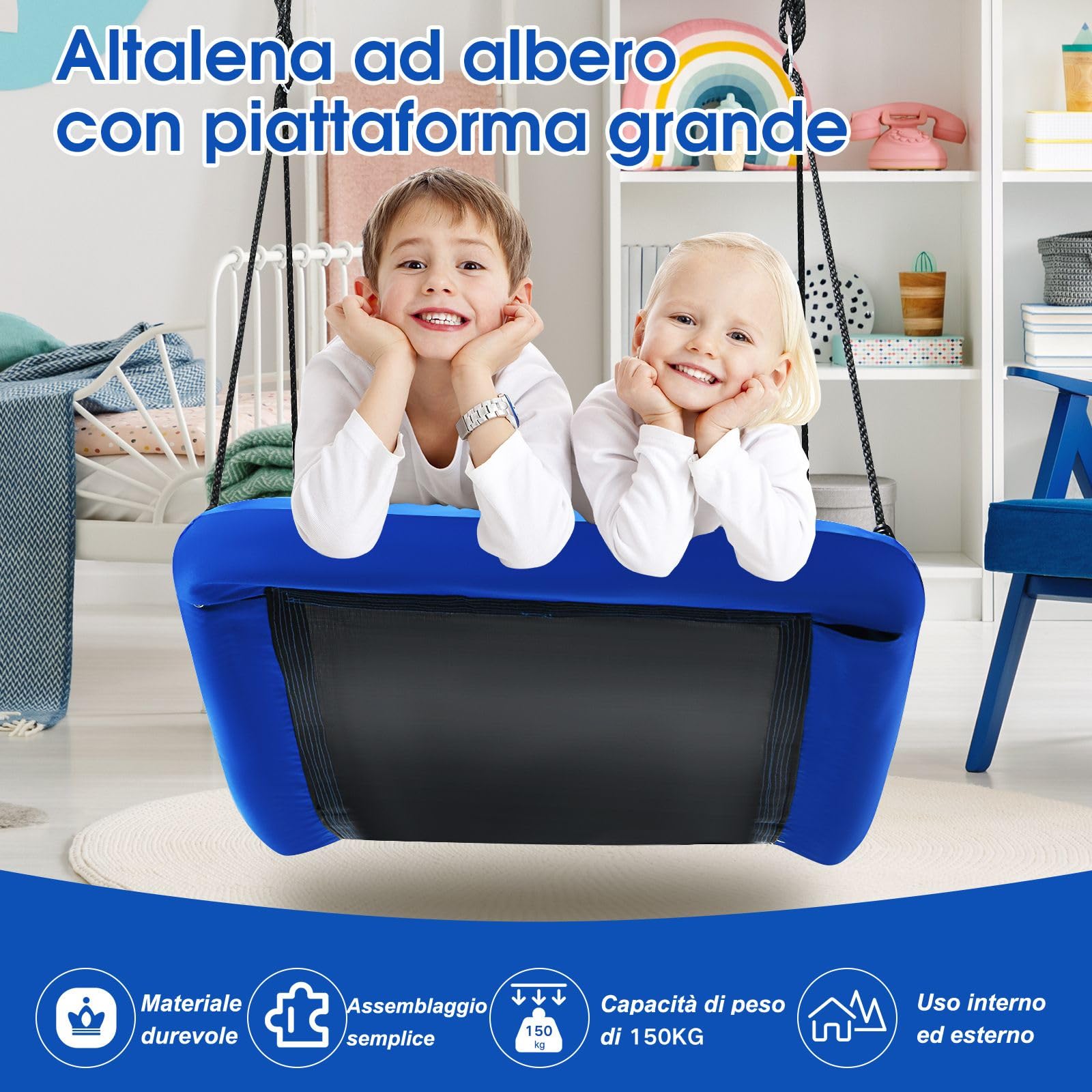 COSTWAY Altalena a Nido per Bambini Giardino, Con Telaio in Metallo, Regolabile in Altezza, Sedia Sospesa per Adulti Bambini, per Cortile Parco Giardino, Portata 150 kg (Blu)