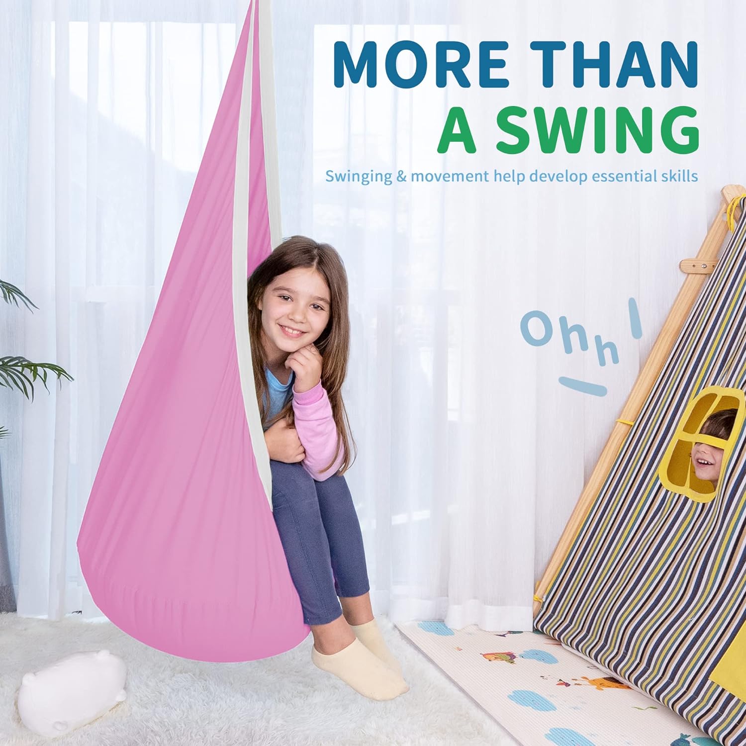 OUTREE Kids Pod Swing Seat, Cotton Child Hammock Swing Chair,Sensory Swing for Indoor and Outdoor Use, Pink