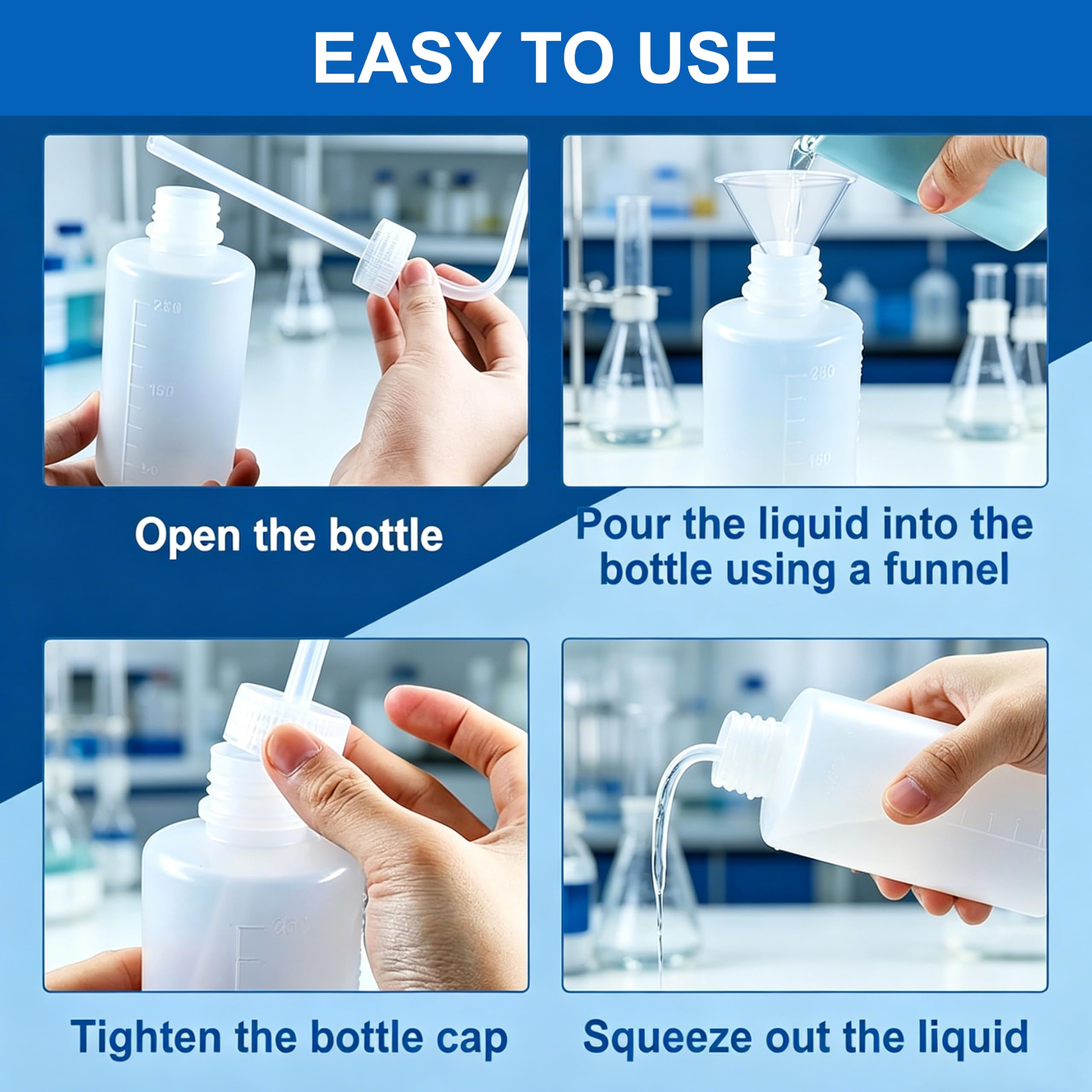 Botellas de Lavado 500 ml, Plástico Transparente, Squeeze Wash Bottle con Embudo para Laboratorio