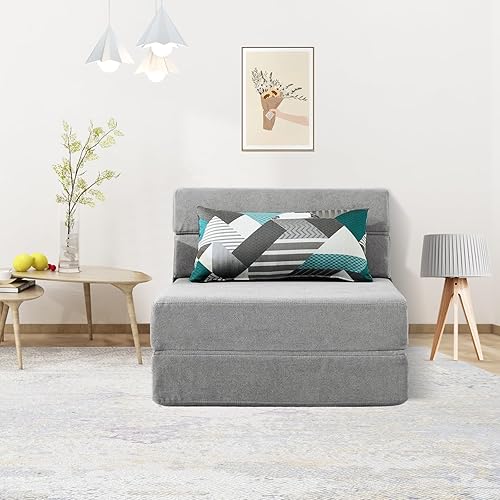 Miniatura 62 de ANONER - Sofá cama plegable, con almohada, tamaño individual, color gris claro Gris claro,Gris oscuro,Verde oscuro,Peluche gris oscuro