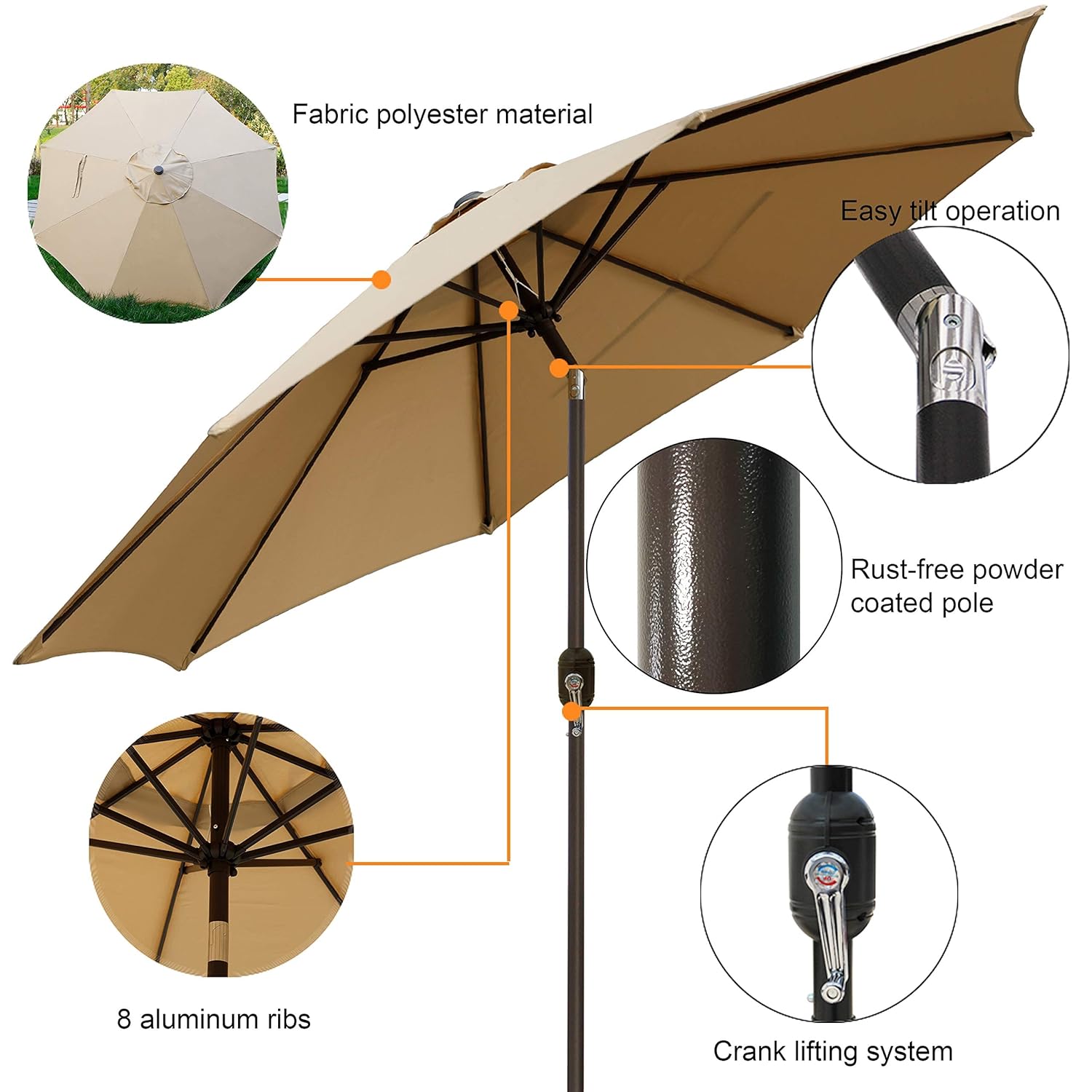 Blissun 9' Patio Umbrella Aluminum Manual Push Button Tilt and Crank