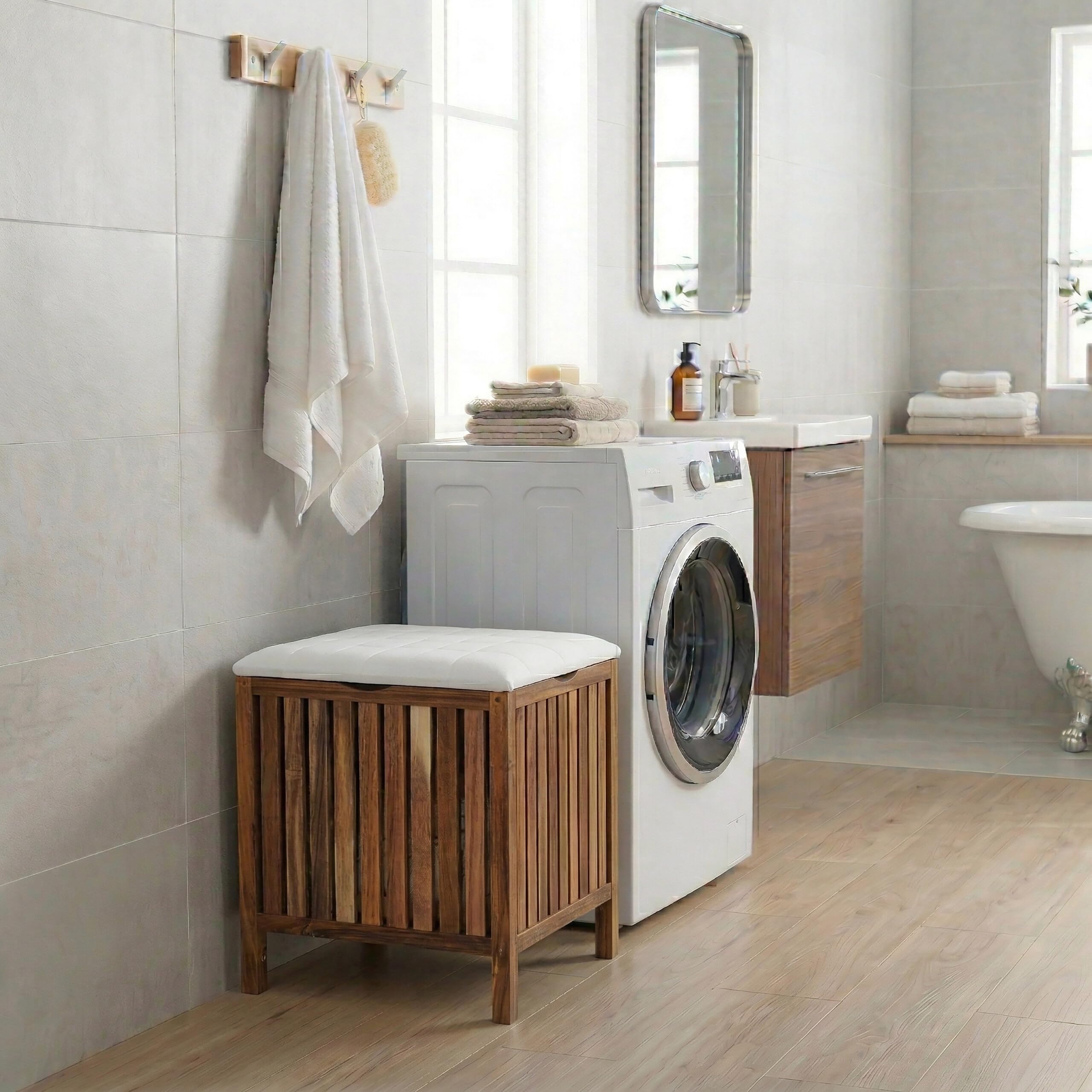 Relaxdays cesto portabiancheria con seduta, marrone e bianco