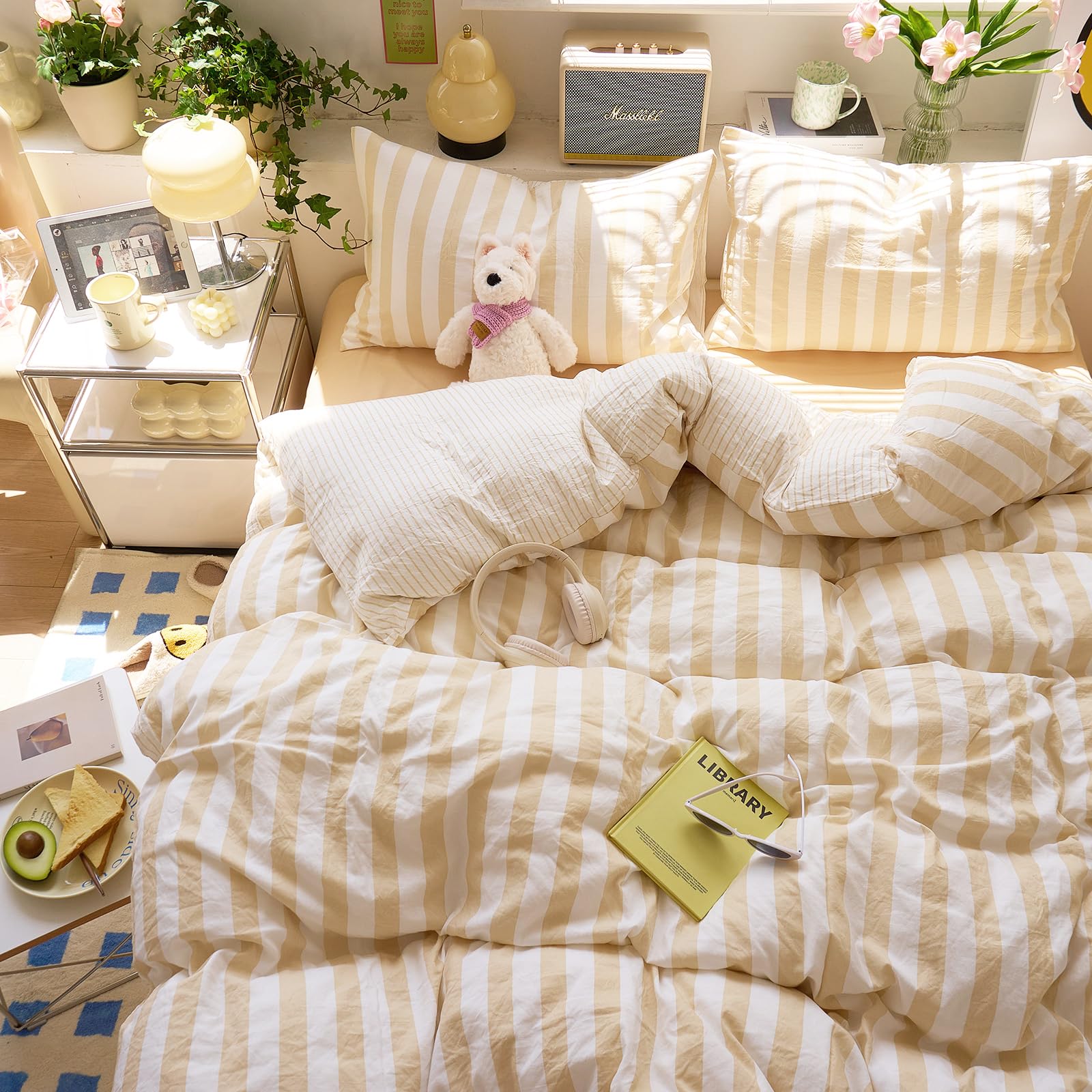 EAVD Boho Beige Striped Duvet Cover King Soft Washed Microfiber 3-Piece