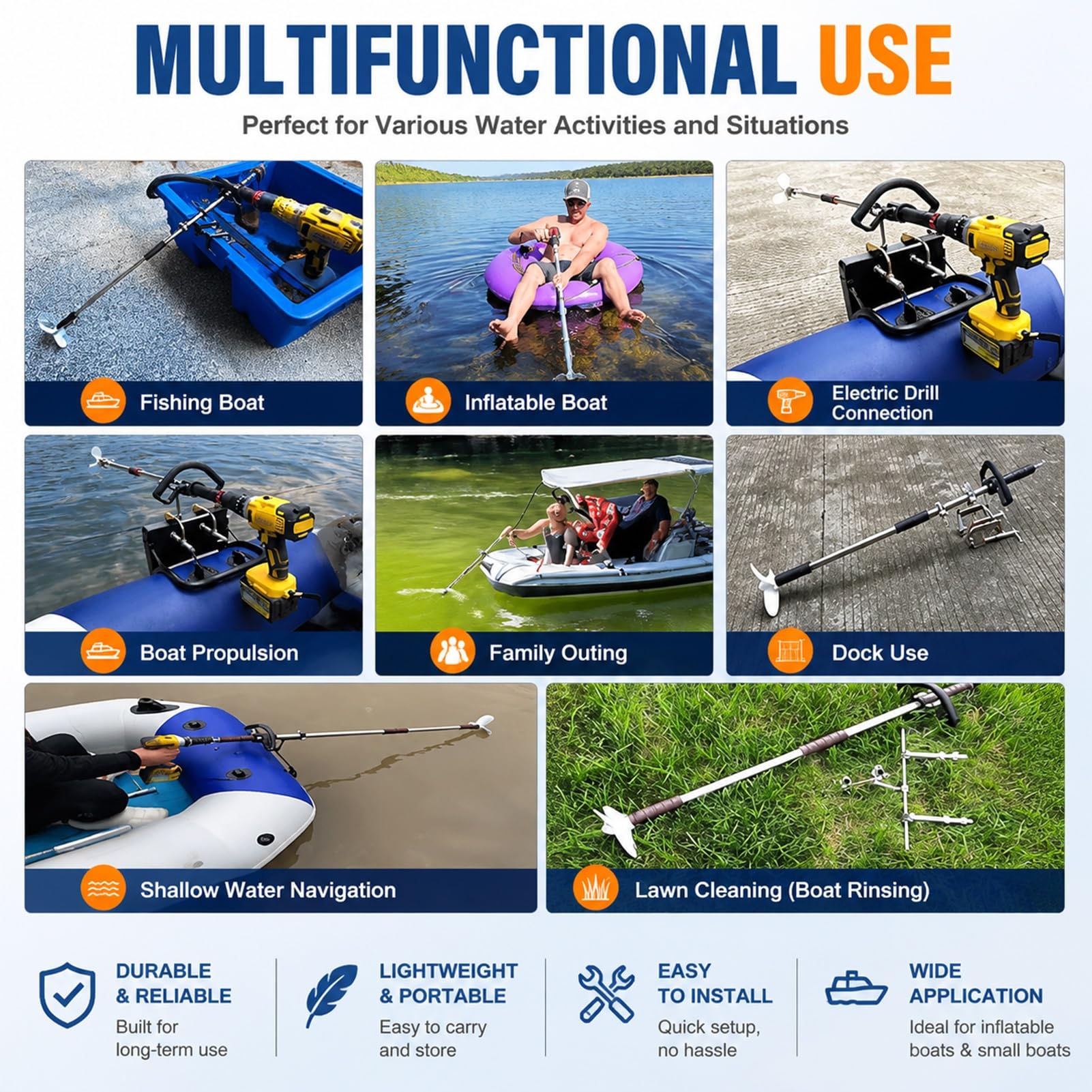 Motore Fuoribordo Elica per Tavola da Paddle Gonfiabile con Supporto | Elica Alimentata da Trapano con Morsetto/Supporto, Tubo Galleggiante, Kayak, Kit Motore(Silver A,120cm/47.2in)