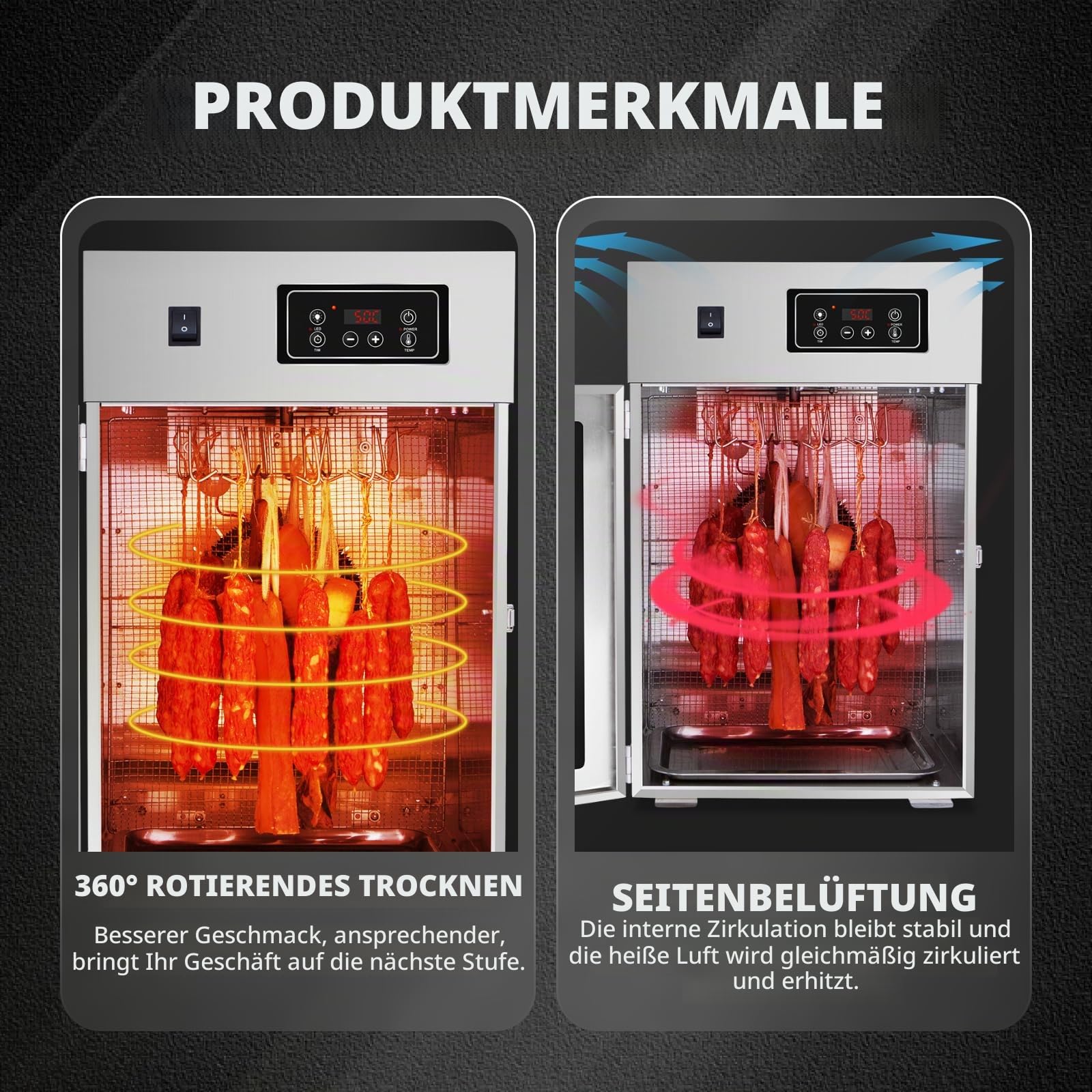 Gewerblicher Fleischtrocknungs- und Reifeschrank - Edelstahl, 360°-Drehung, Temperaturbereich 30-90℃, 24-Stunden-Timer, 15 kg Fassungsvermögen, geeignet für Beef Jerky, Würstchen usw.