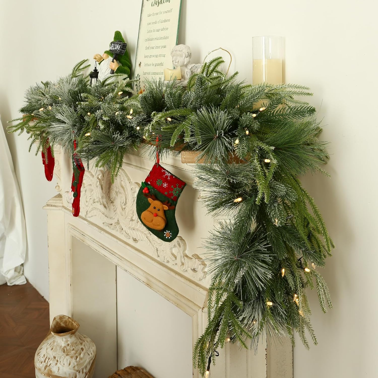 Joyhalo 6ft Flocked Christmas Garland Decorations with Lights Battery Operated Outdoor Prelit Christmas Garland for Mantle, Lighted Christmas Garland Indoor for Stairs Railing Fireplace JH-CG-HuaKeDeng-PE-6FT 6FT