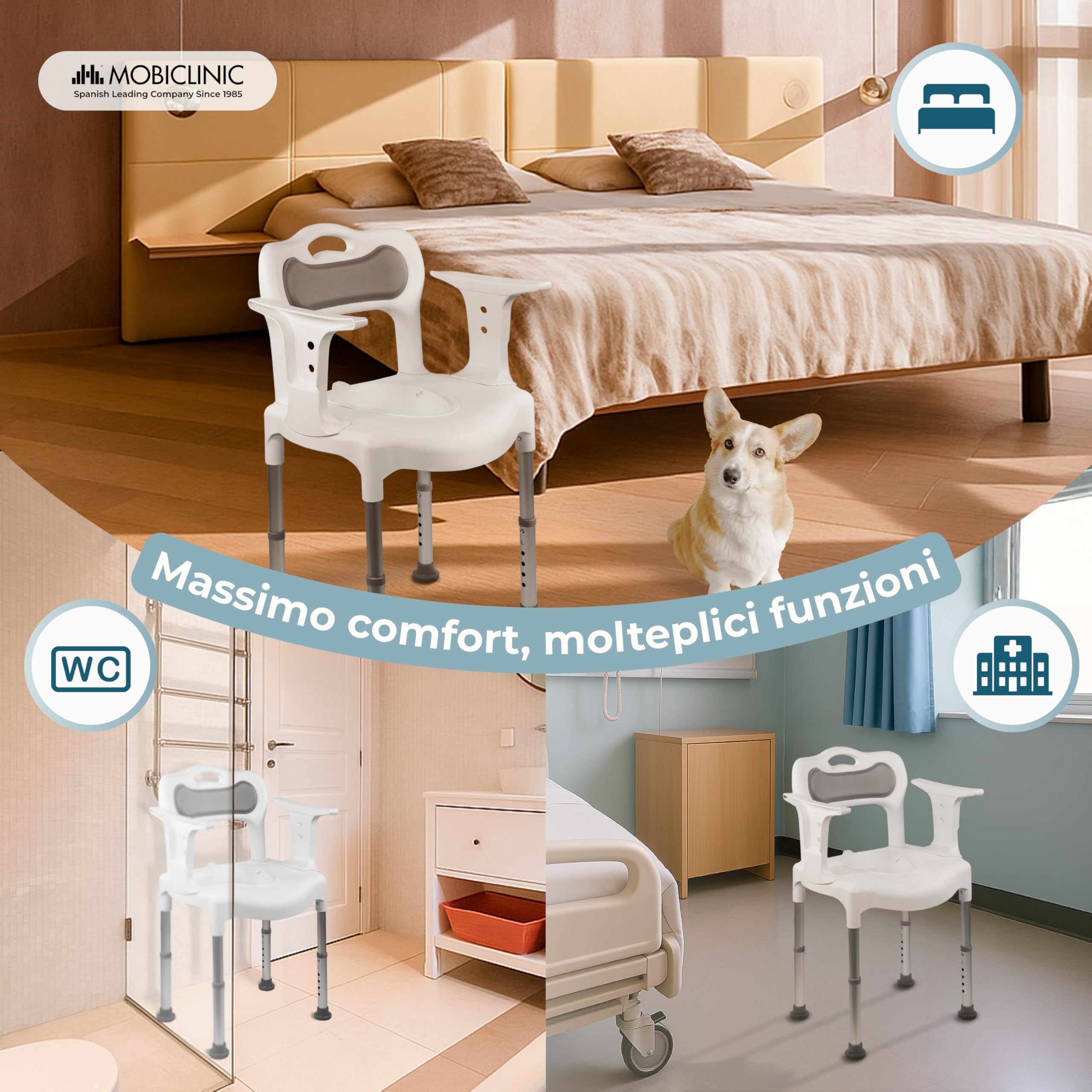 Mobiclinic®, Sedia WC, Vasca e Doccia, 3 in 1, Altezza Regolabile su 6 Livelli, Orinatoio Rimovibile da 3,5 L, Cuscini per Seduta e Schienale, Multifunzione, Terminali Antiscivolo, Guido