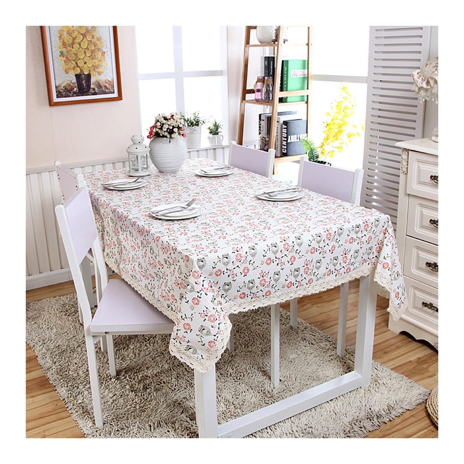 Nappe de table anti tache coton polyester rectangulaire 140x220cm decoration fleurs oiseaux