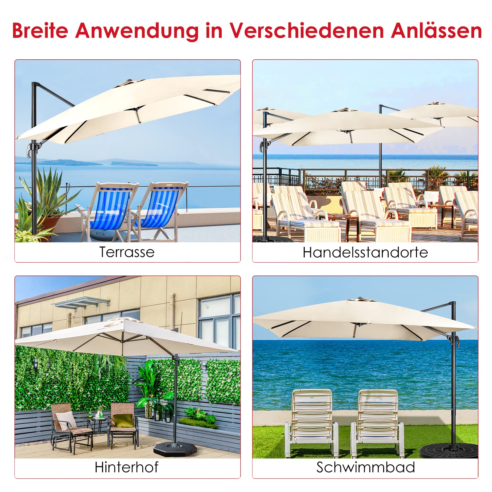 COSTWAY Sonnenschirm 300 x 300 cm quadratisch, Ampelschirm mit Kurbel, Gartenschirm neigbar, 360° drehbar, großer Terrassenschirm, Marktschirm für Gärten, Terrassen, Cafés (Beige)